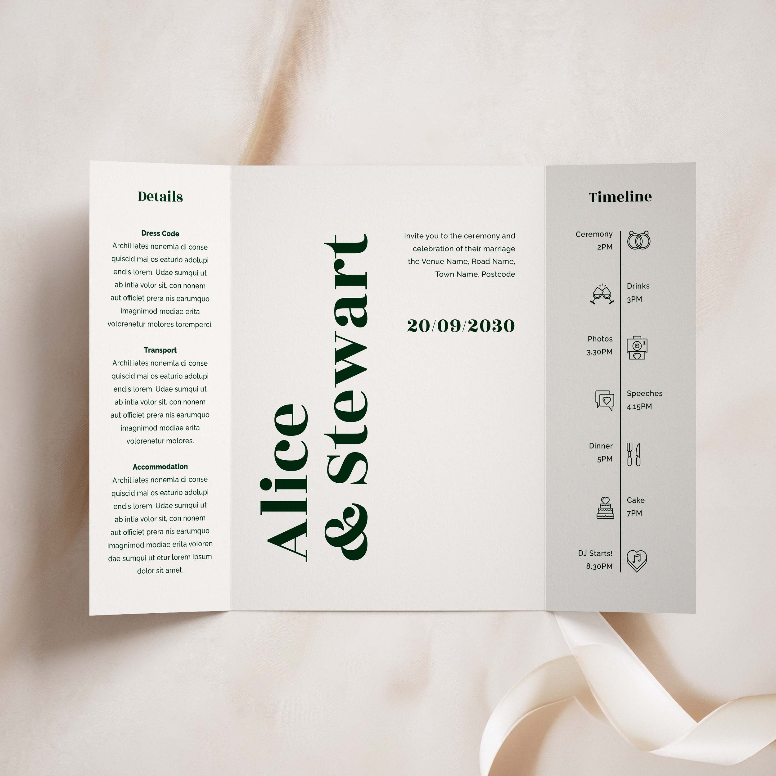 Dark green typography gatefold wedding invitation