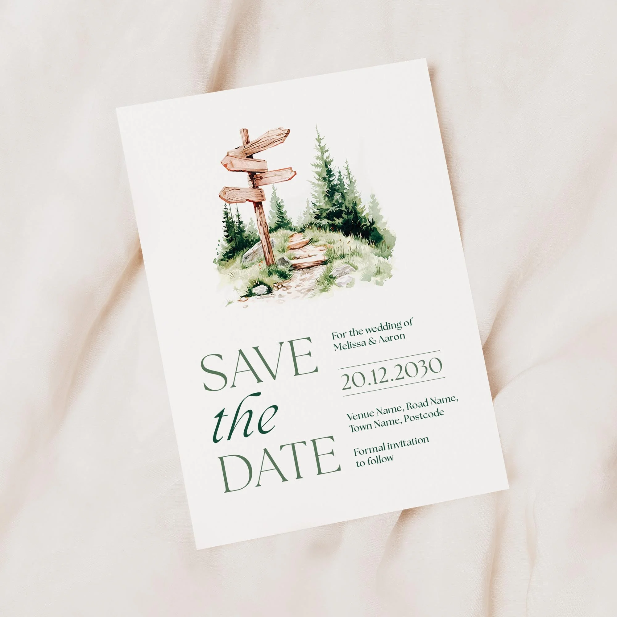 Minimal product shot of the Adventure Save the Date card with wooden signpost design.