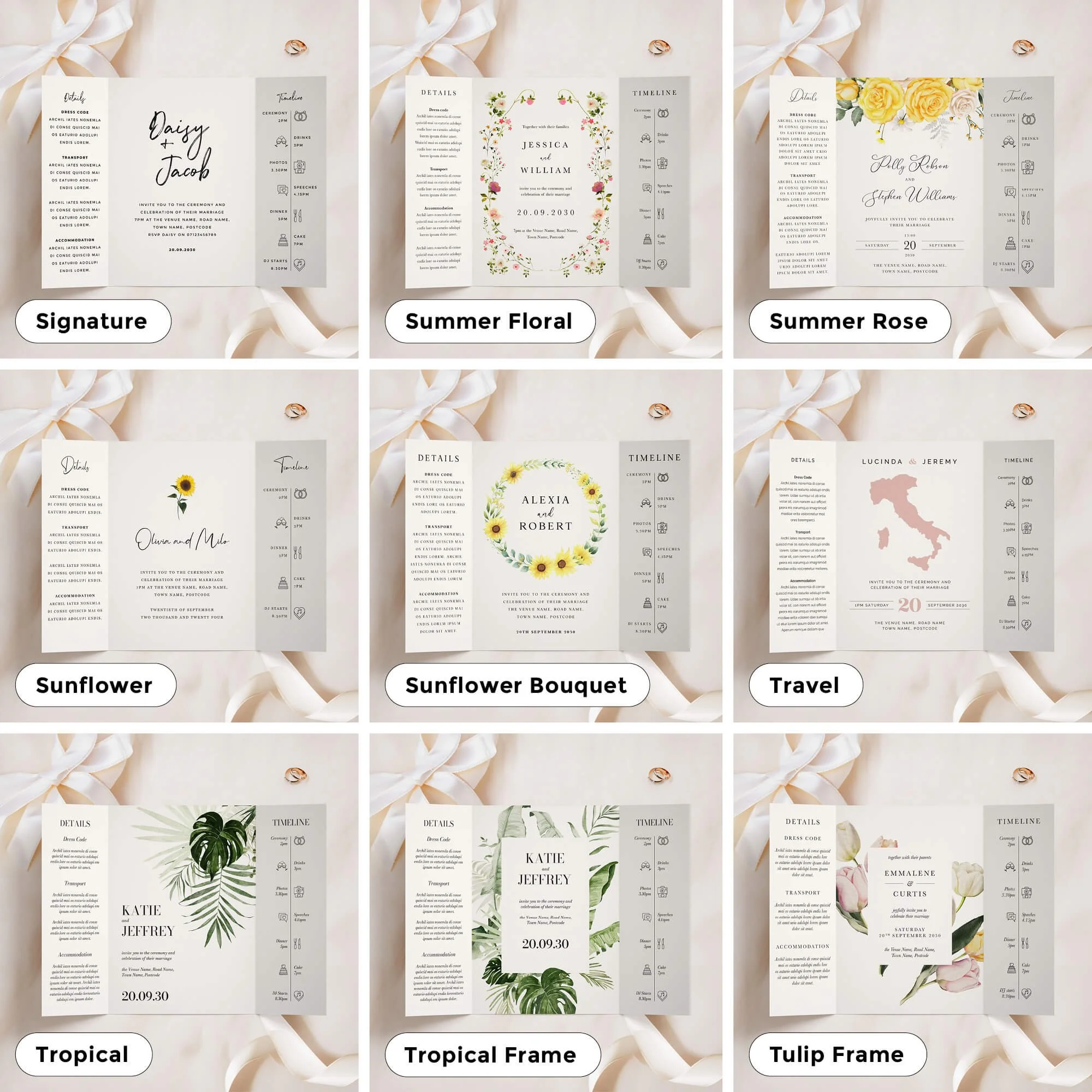 A5 size gatefold invitations in a variety of designs