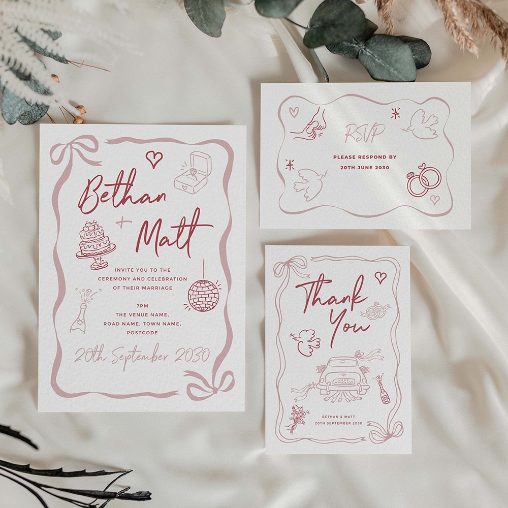 Pink wedding stationery, featuring fun doodle style illustrations.