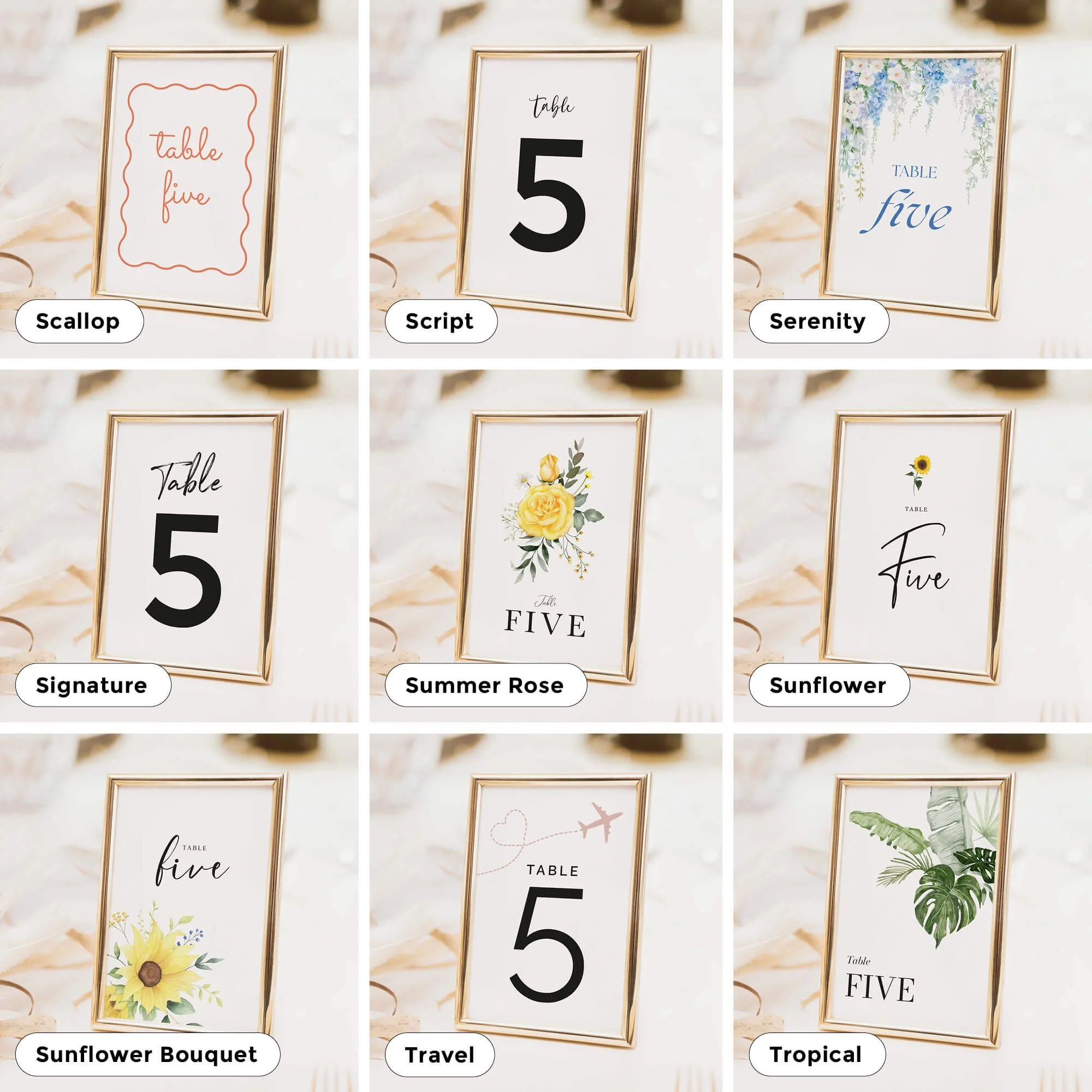 Wedding table number and table name card designs in a range of styles to suit different themes, including floral, modern, and minimal options