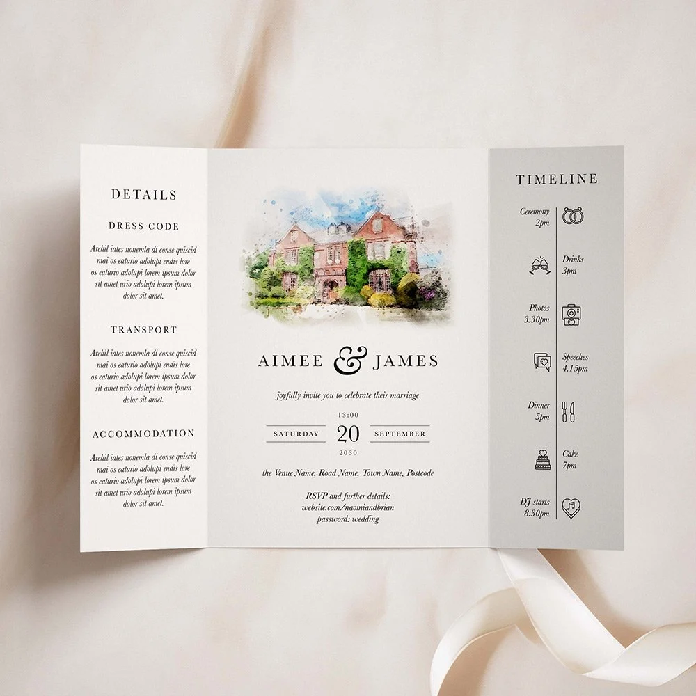 Watercolour Venue Sketch Gatefold Wedding Invites