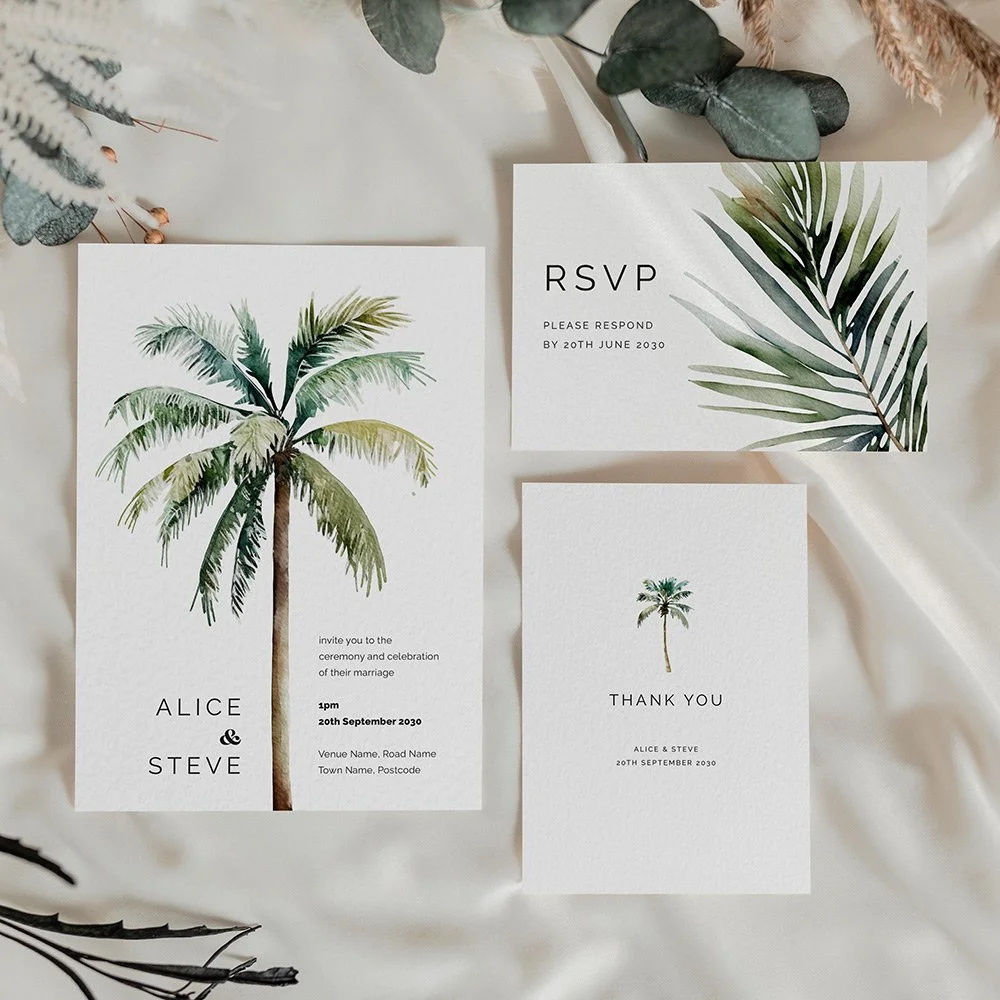 Palm Tree Collection flat wedding invitation with matching RSVP and thank you cards, featuring modern palm tree silhouettes in a minimalist style.