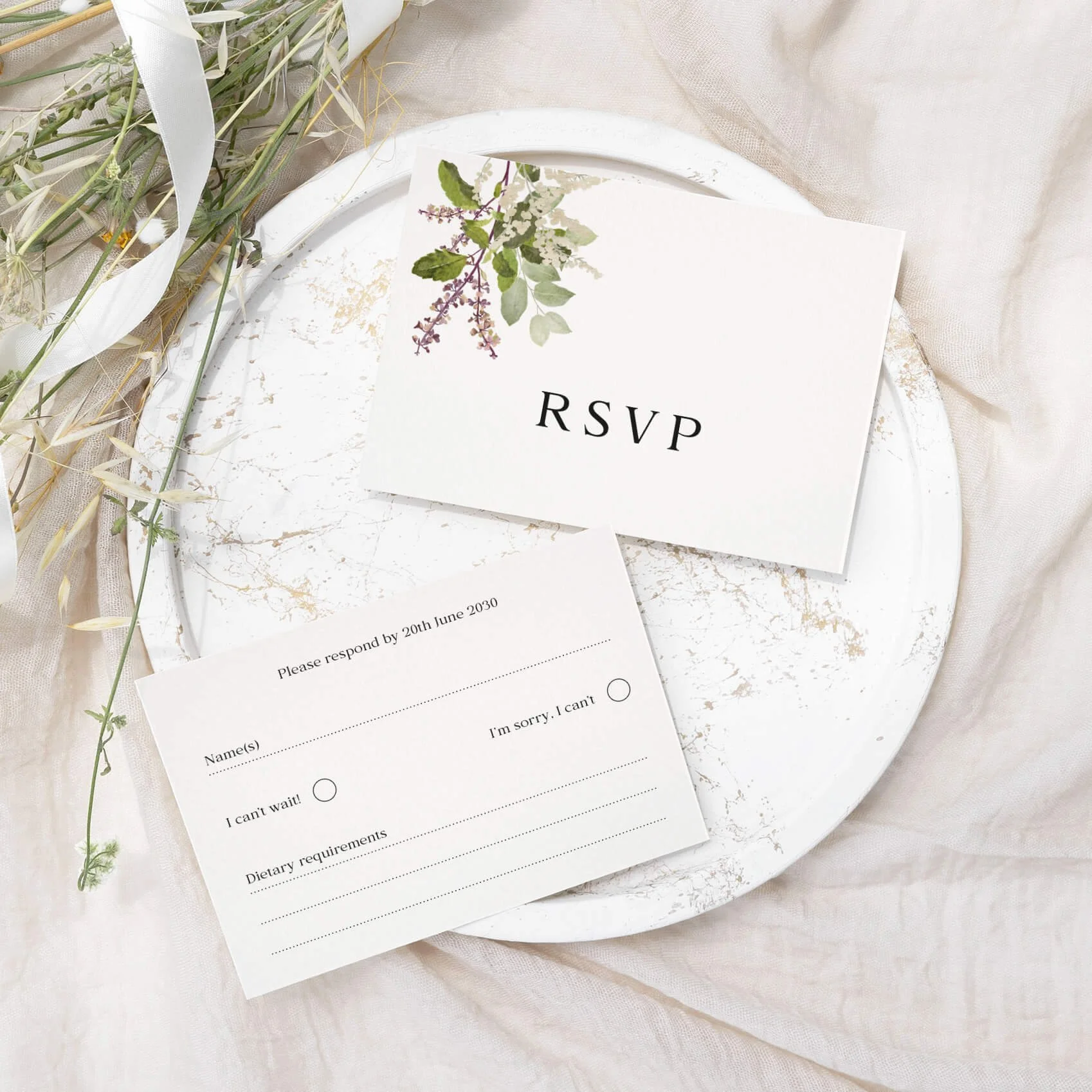 Venue Greenery wedding RSVP card with small watercolour botanical foliage arrangement on luxury off-white card