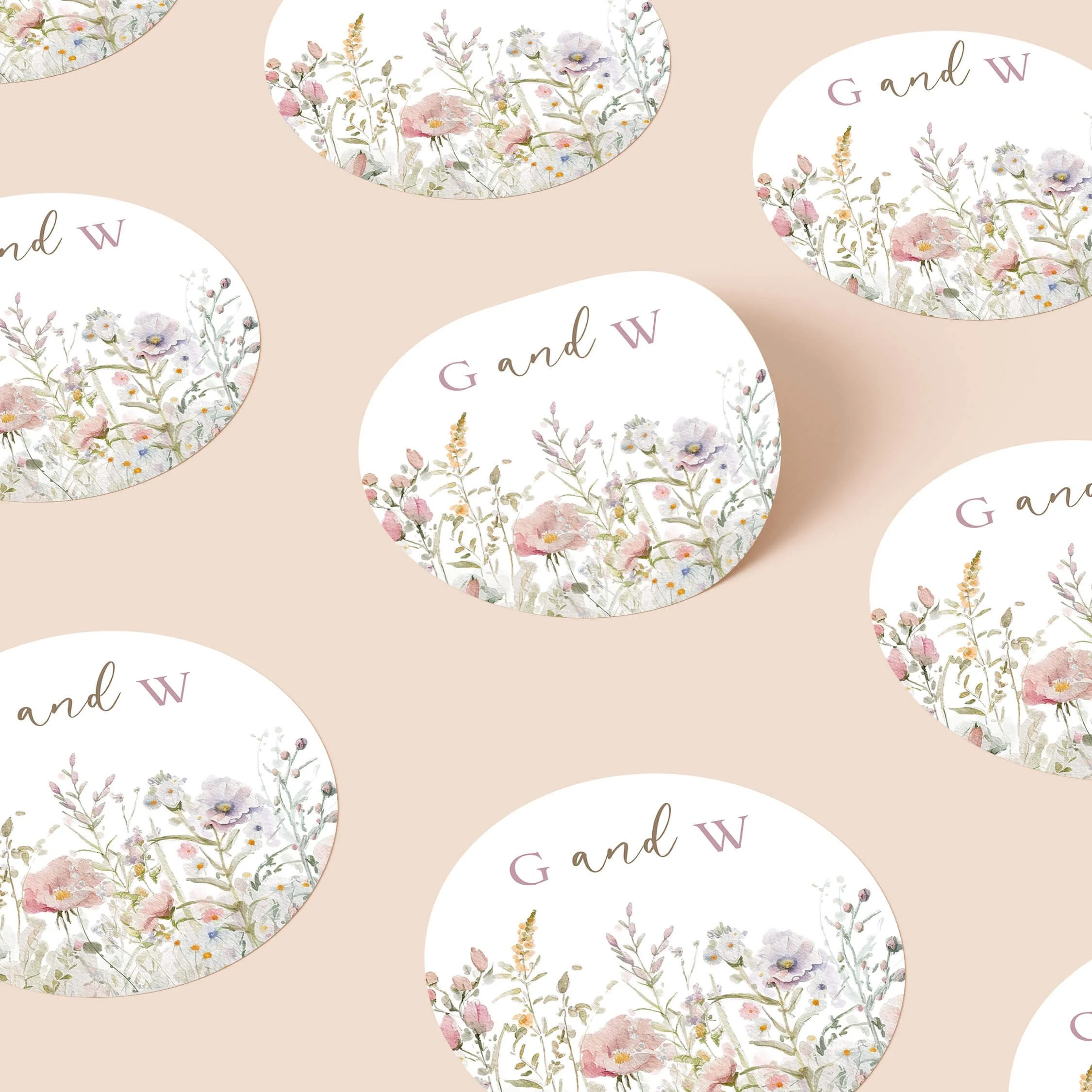 Field Powder personalised wedding sticker with blush pastel floral meadow design and elegant initials on round sticker