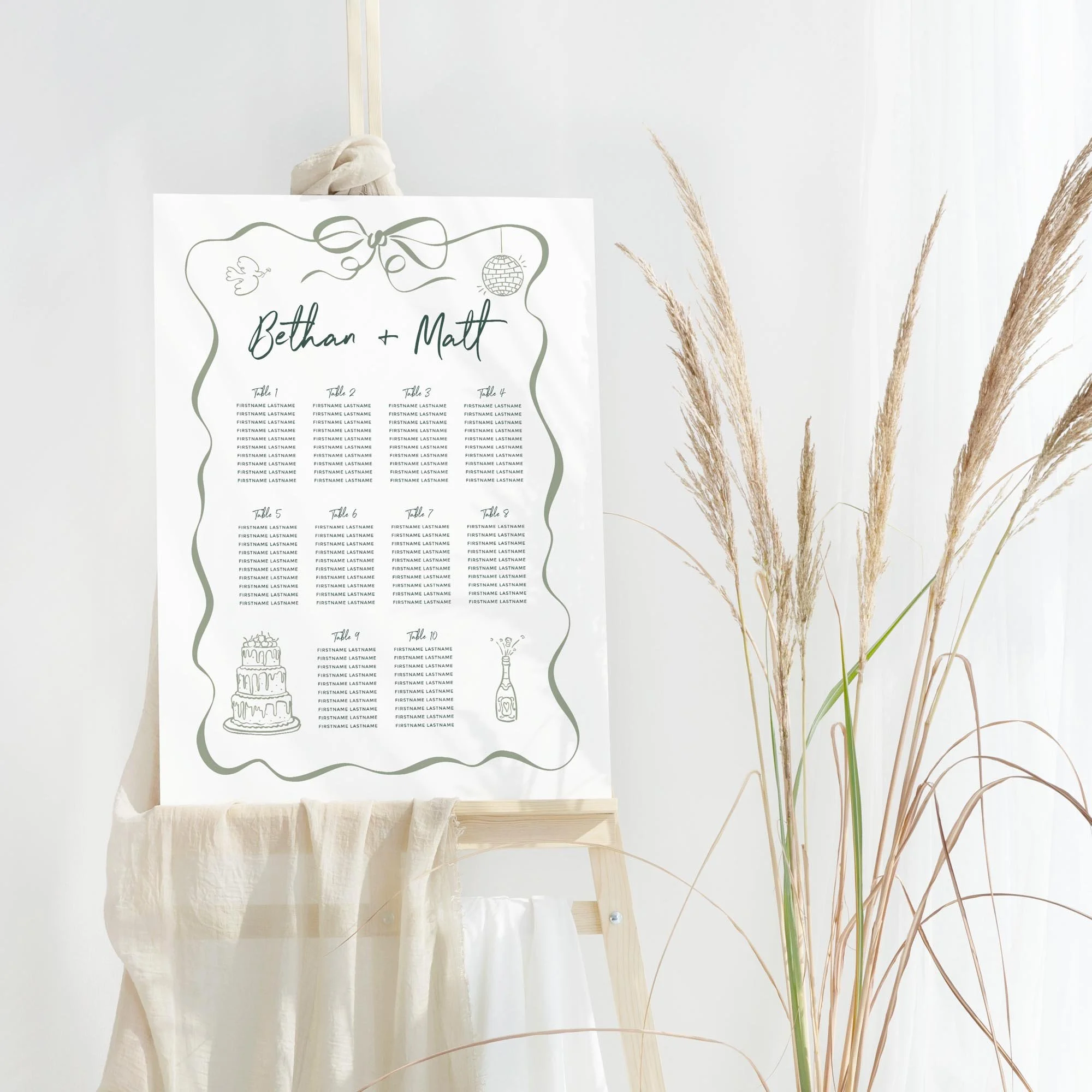 Green Whimsical Doodle wedding table plan board seating chart sign