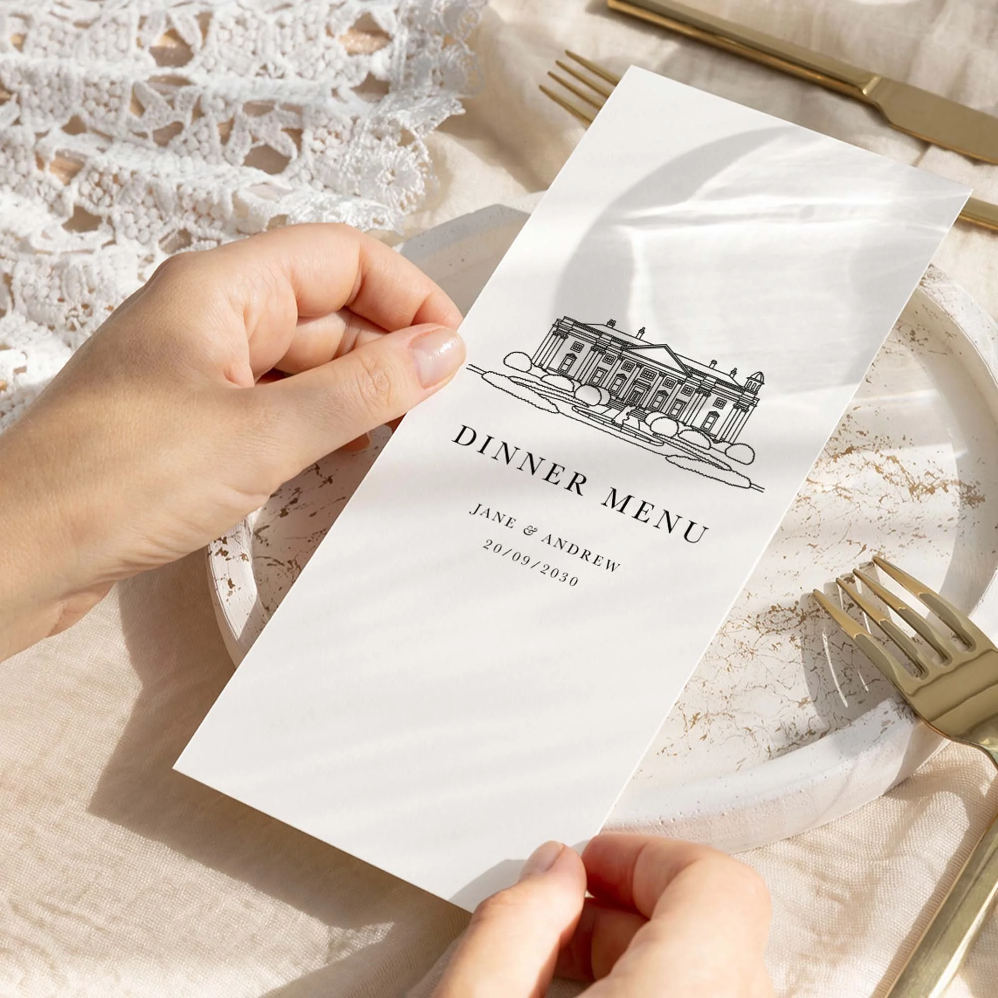 Hand holding Bespoke Venue Illustration wedding menu card showing size and printed design details