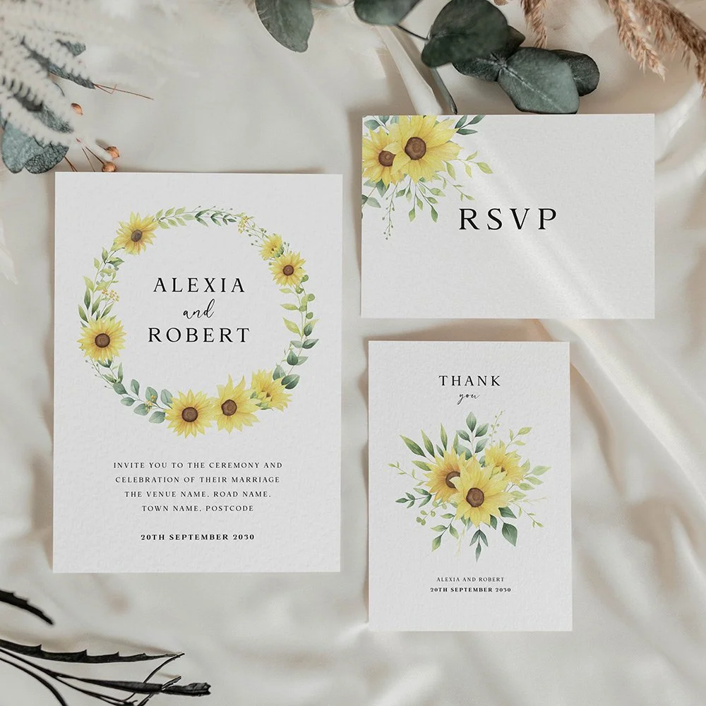 Sunflower Bouquet Collection wedding stationery with bold watercolour style sunflowers, greenery, and elegant script typography