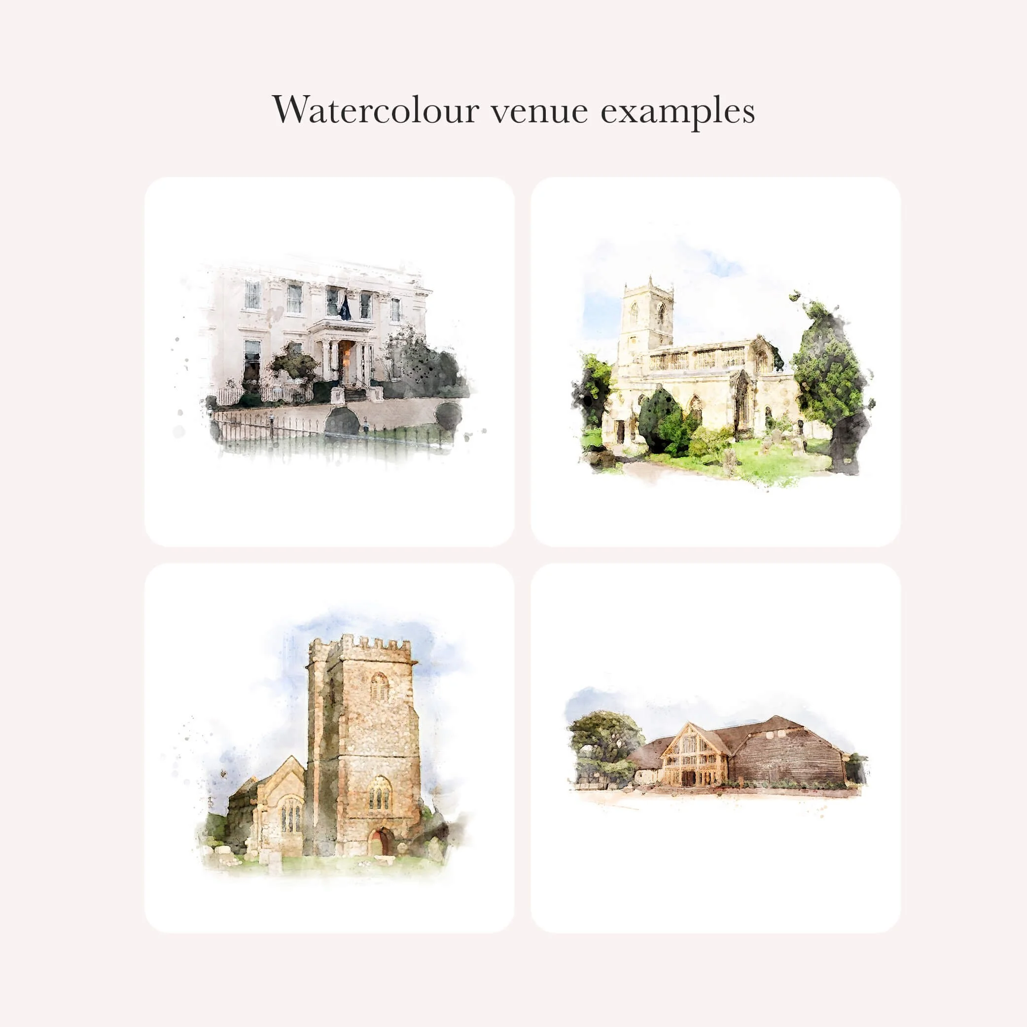 A gallery of custom venue illustrations featured on wedding order of service booklets, showing a range of architectural styles from barns and churches to manor houses