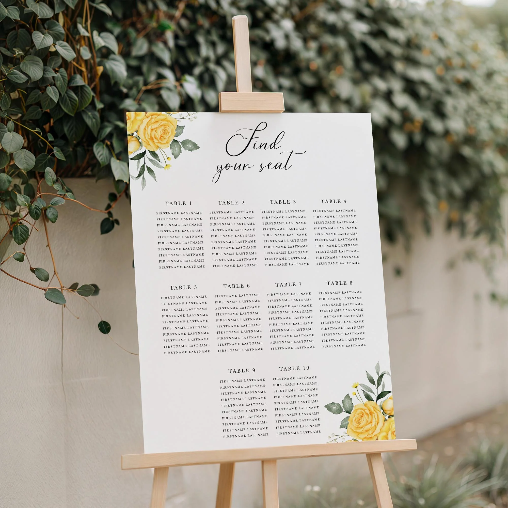 Close-up of the Yellow Rose wedding seating plan board displayed outdoors