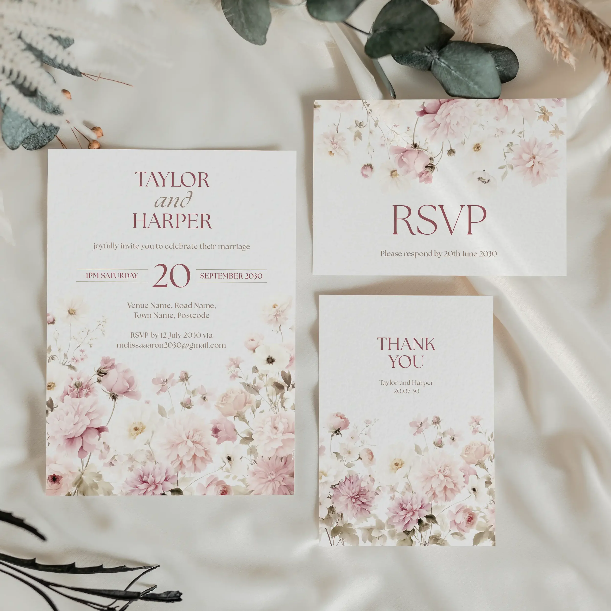 Pink floral wedding stationery suite