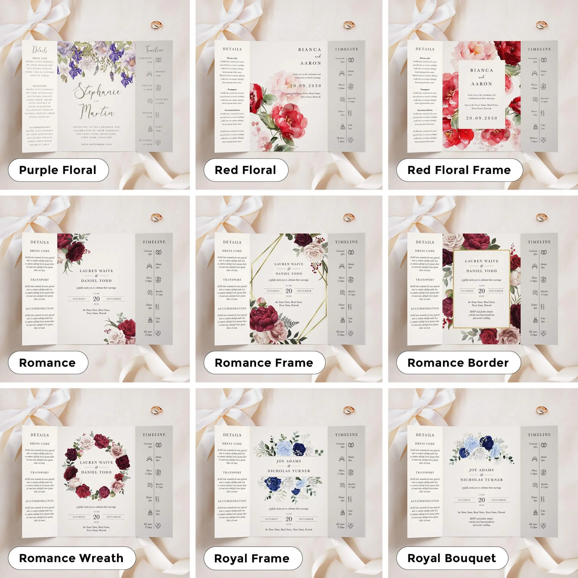 A5 size gatefold invitations in a variety of designs