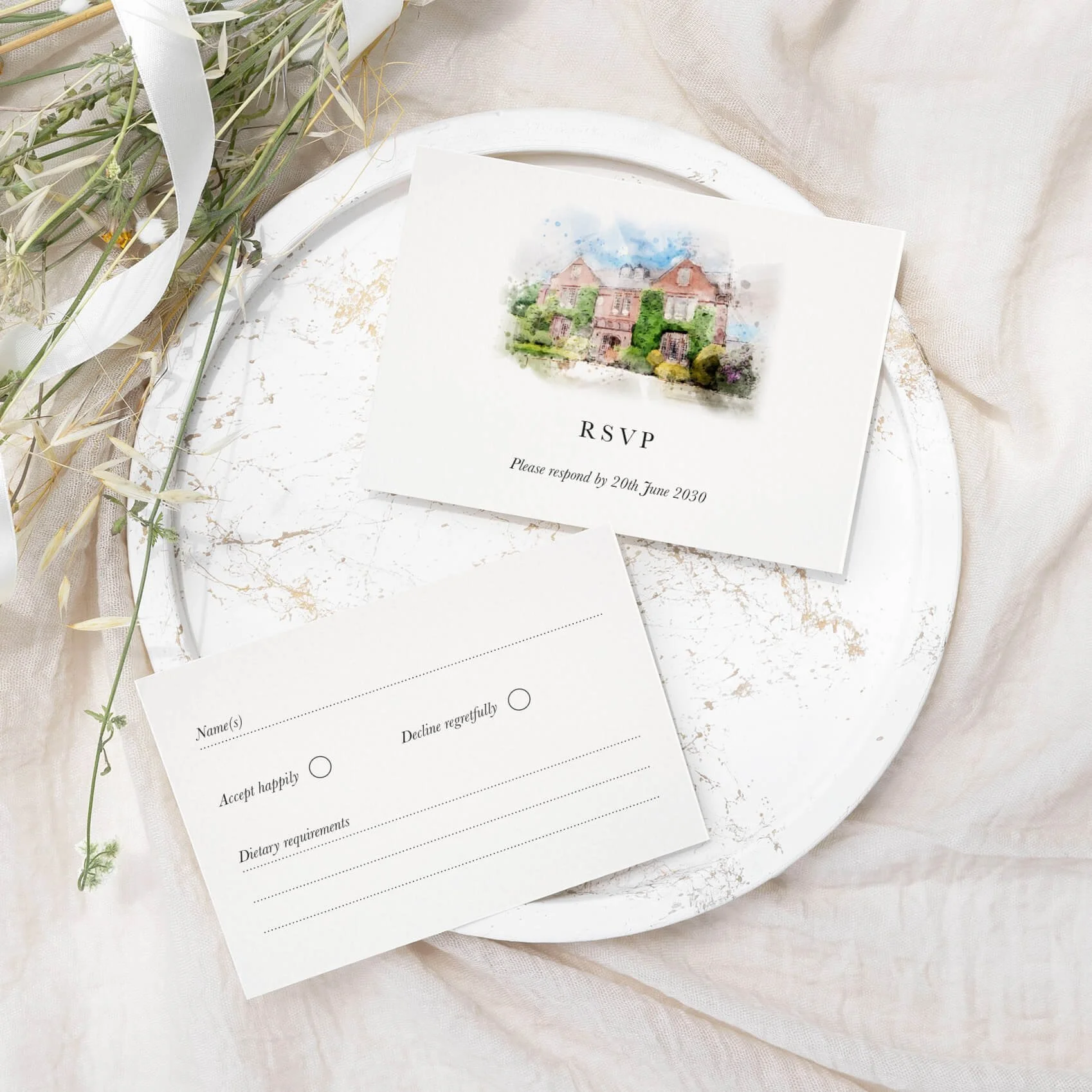 Venue Watercolour wedding RSVP card with country house watercolour illustration on luxury off-white card