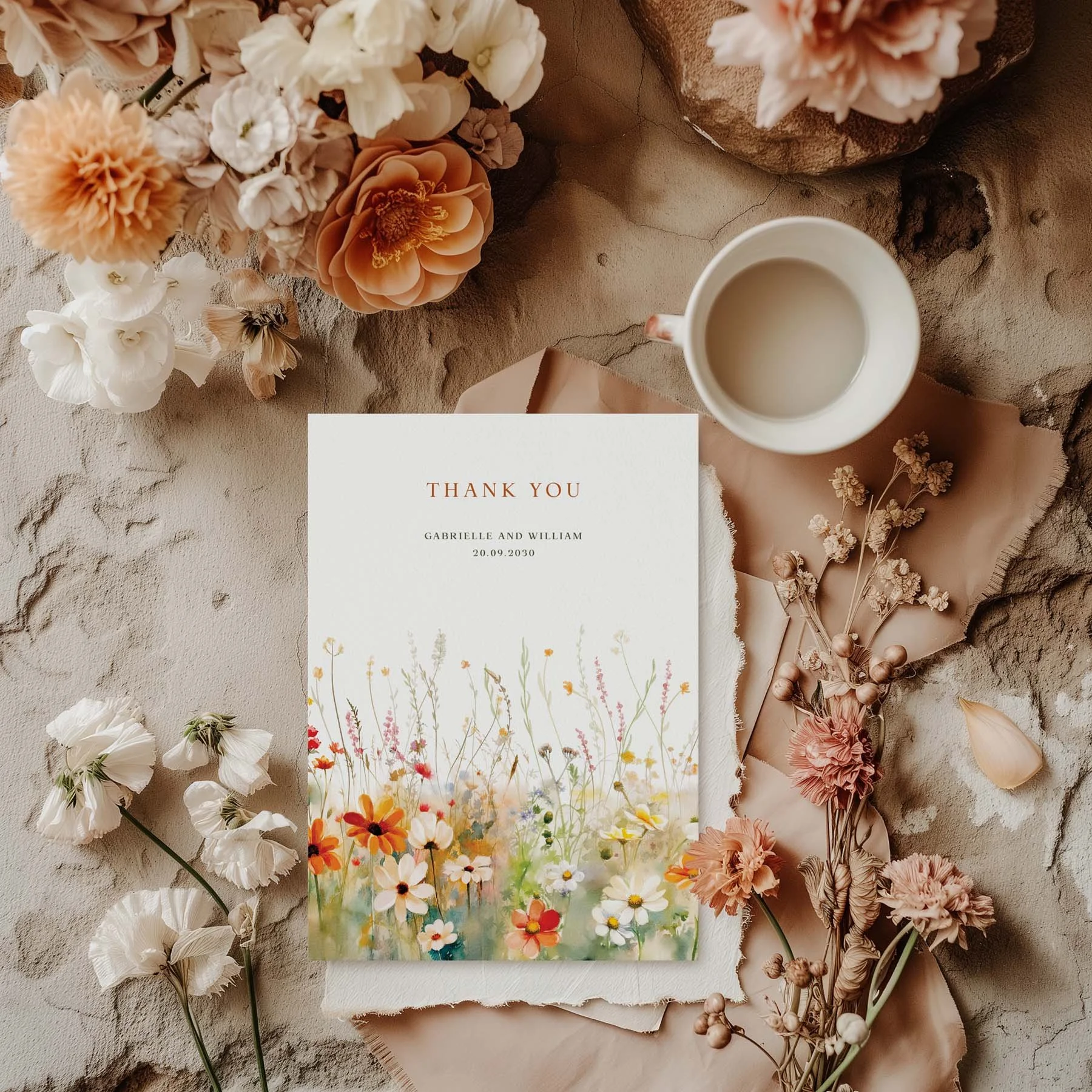 Field Vermilion wedding thank you card with a vibrant orange wildflower design, styled with dried flowers and a white cup on a neutral background