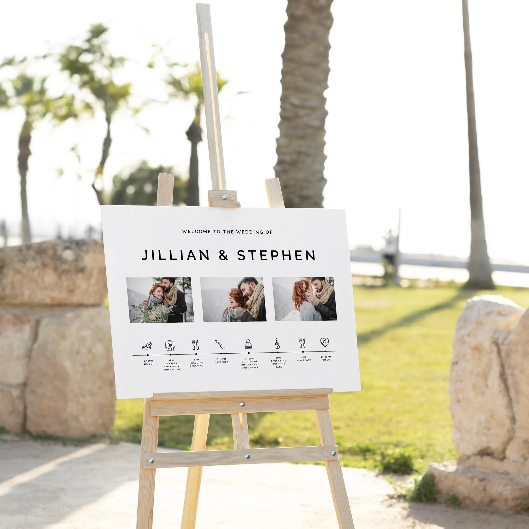 Custom Photograph wedding welcome sign displayed outdoors at a wedding venue on an easel