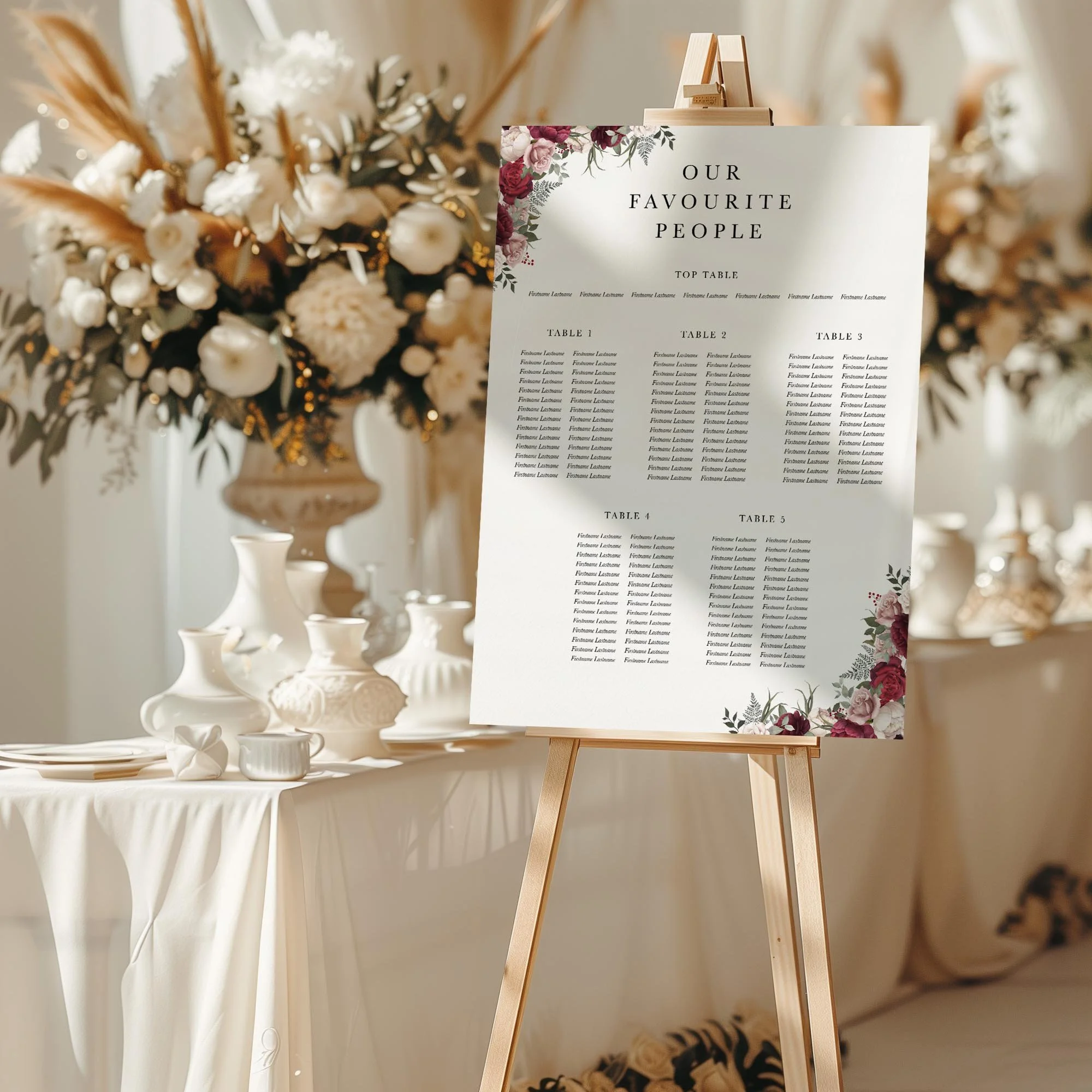 Burgundy and Pink Floral wedding seating chart sign styled at a reception