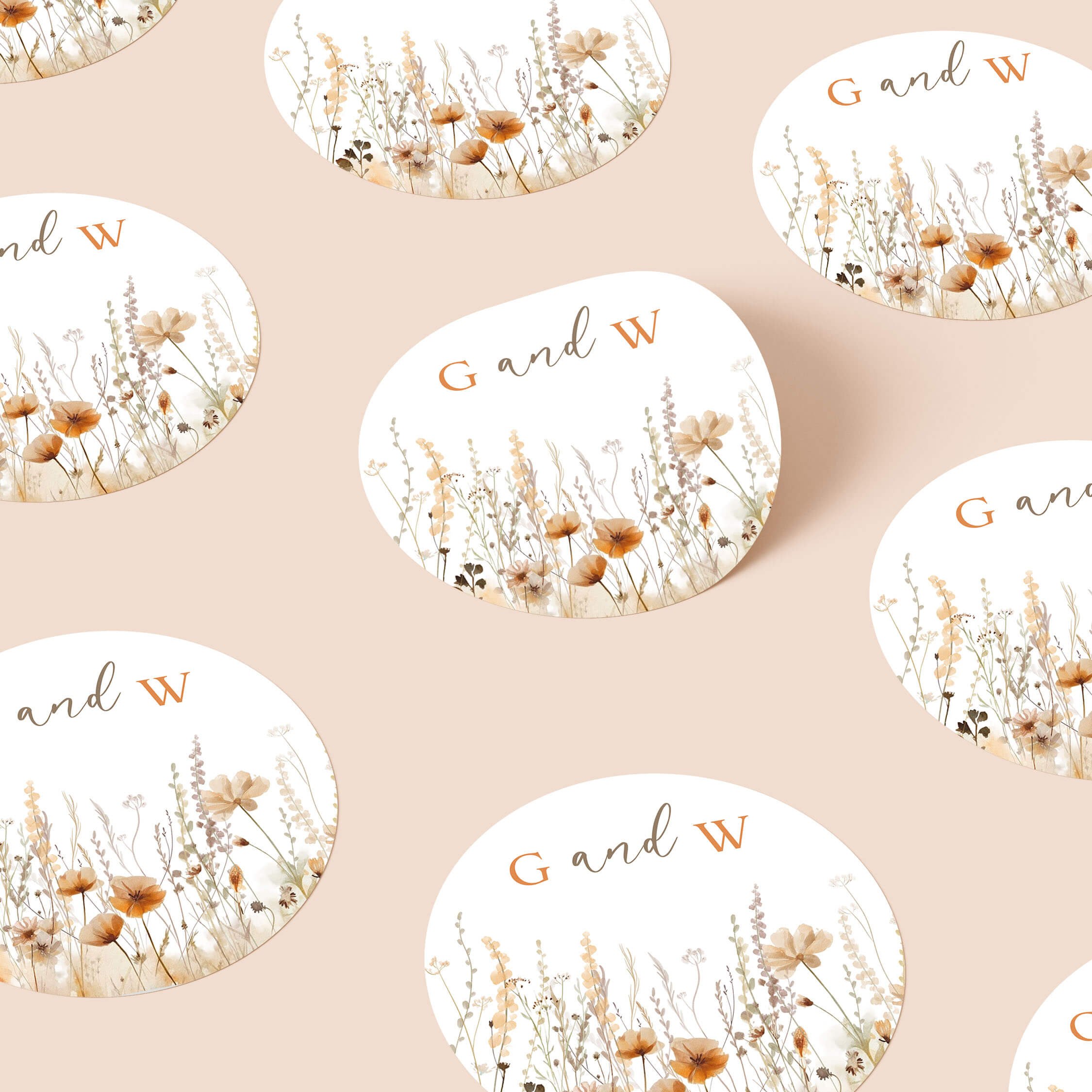 Field Harvest personalised wedding sticker with warm harvest wildflower meadow illustration and elegant initials on round sticker