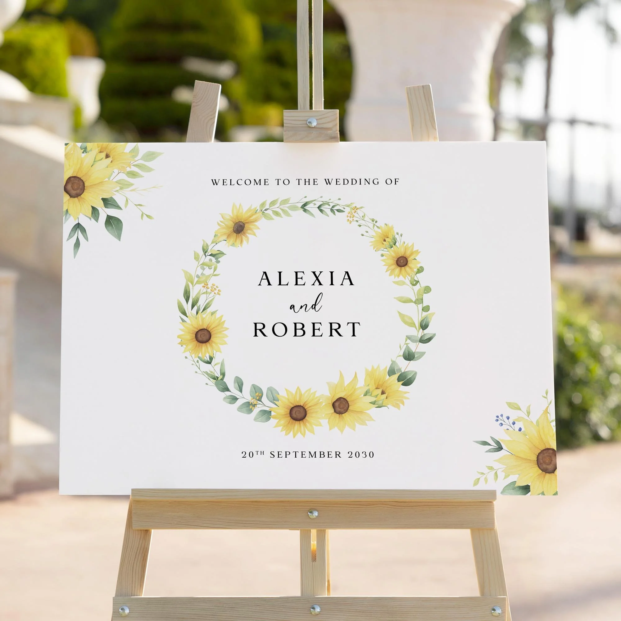 Lemon wedding welcome sign styled outdoors close-up