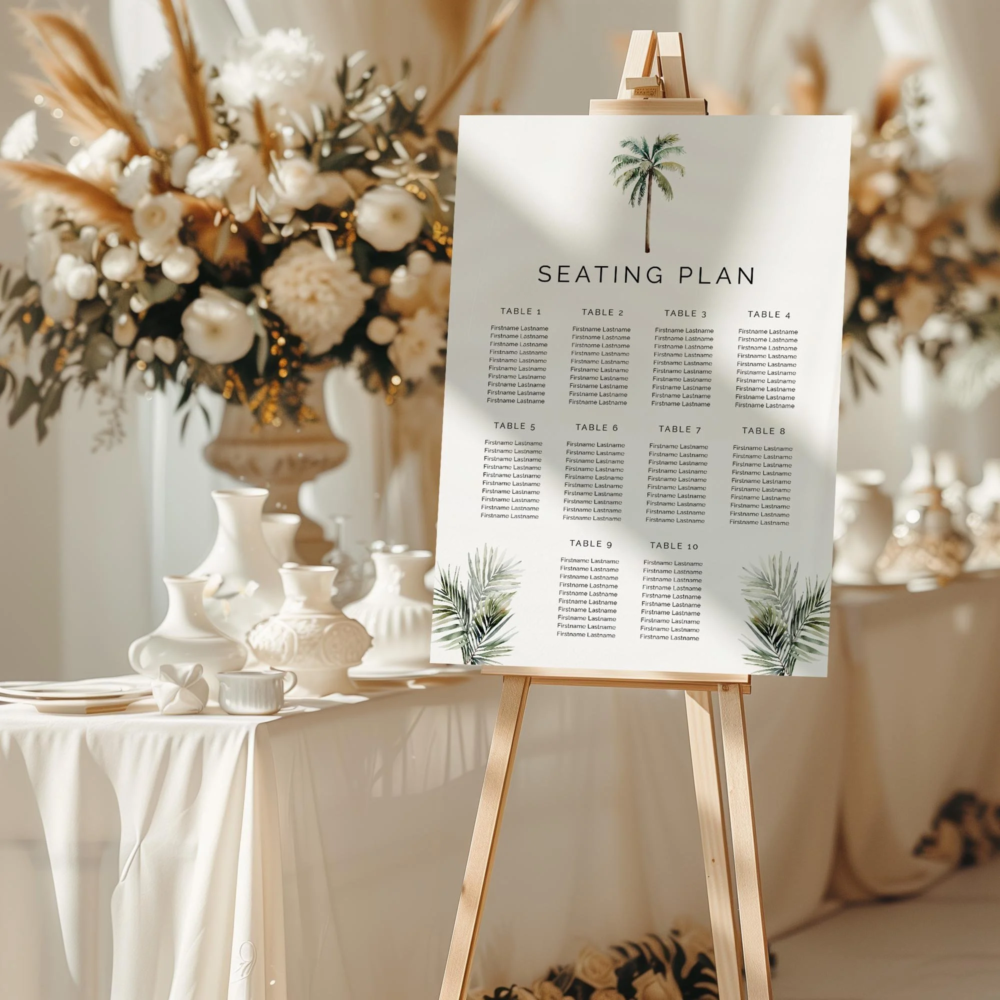 Modern Palm Tree wedding seating chart sign styled at a reception