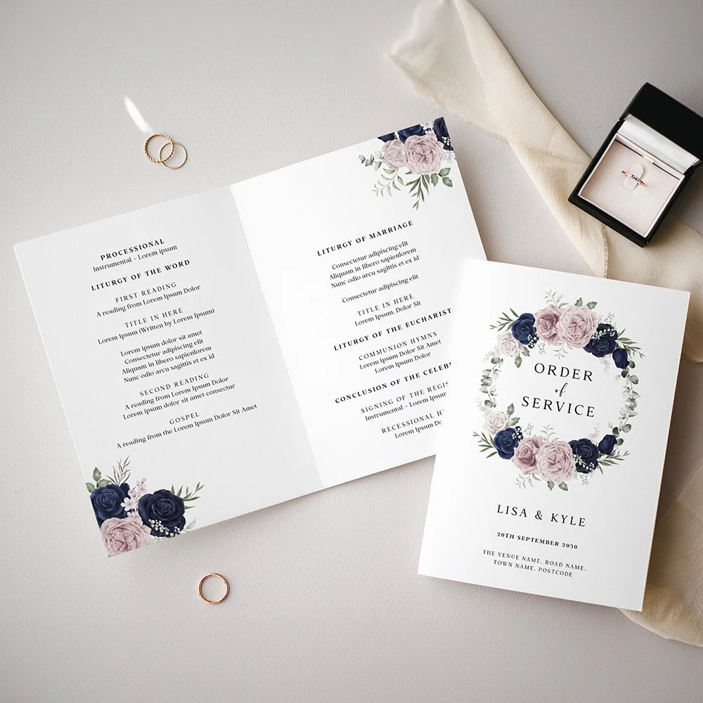 Navy Blue and Pink Floral Wedding Ceremony Booklet