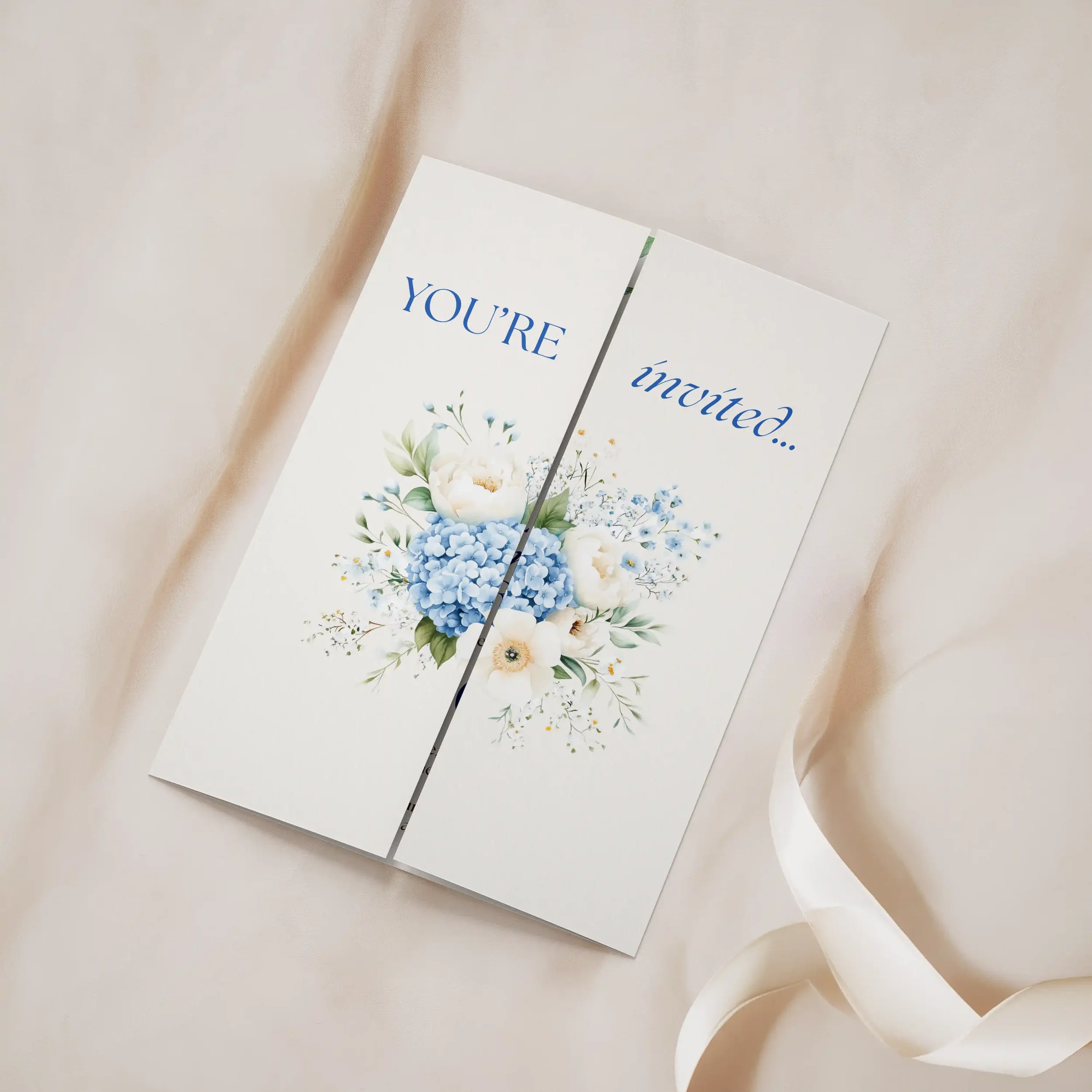 Folded view of the Serenity Gatefold Wedding Invitation showing custom details panel and order of the day timeline.