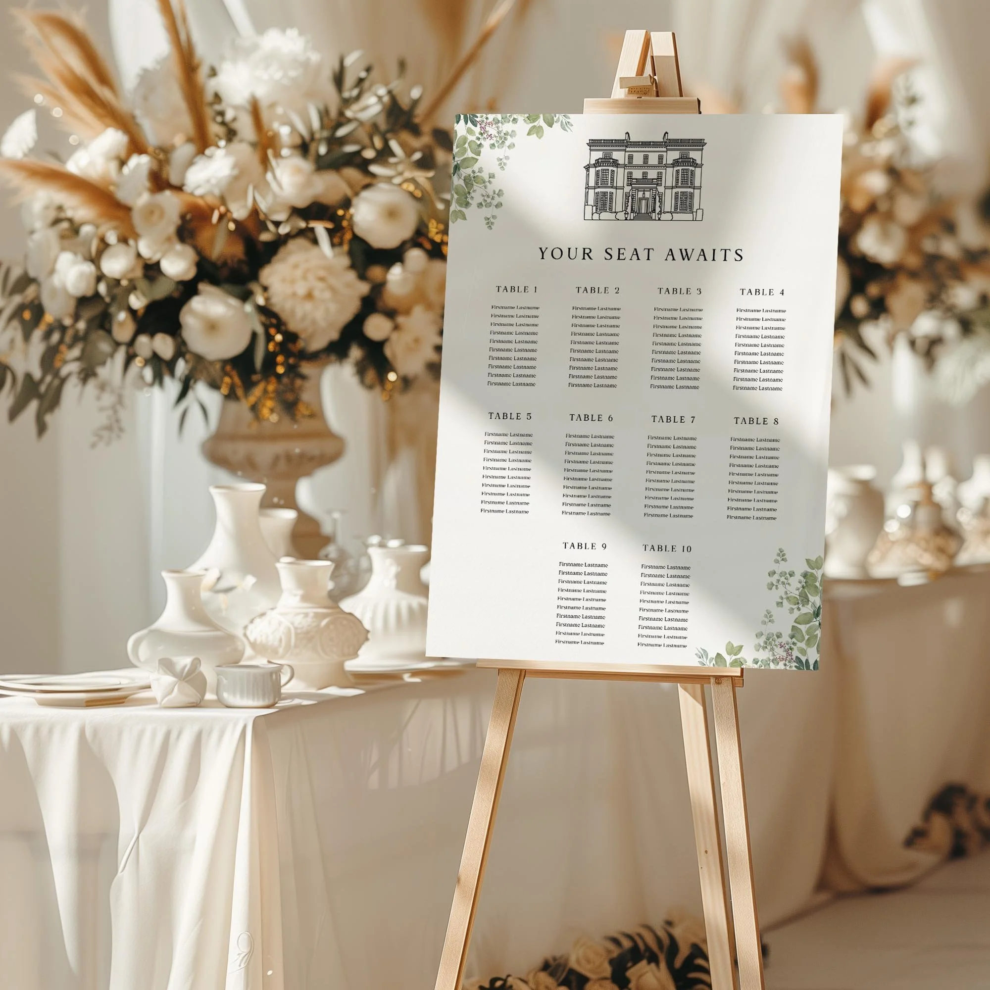 Wedding seating plan board featuring watercolour greenery illustrations and a personalised line drawn wedding venue illustration