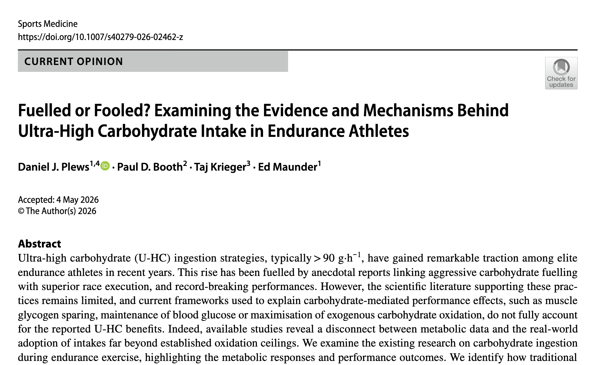 Screenshot of a scientific research article titled "Fuelled or Fooled? Examining the Evidence and Mechanisms Behind Ultra-High Carbohydrate Intake in Endurance Athletes" by Daniel J. Plews, Paul D. Booth, Taj Krieger, and Ed Maunder, published on May 4, 2026.