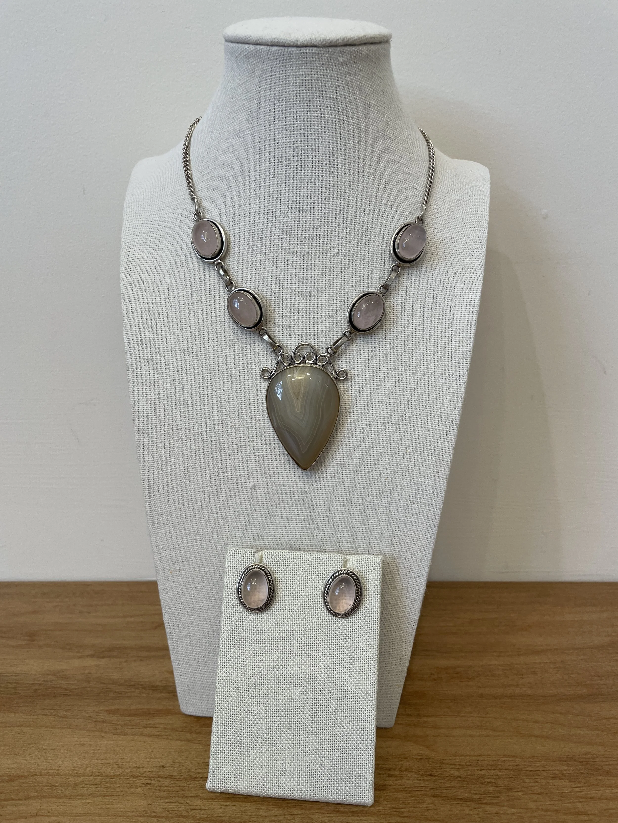 Agate and Rose Quartz Sterling Set