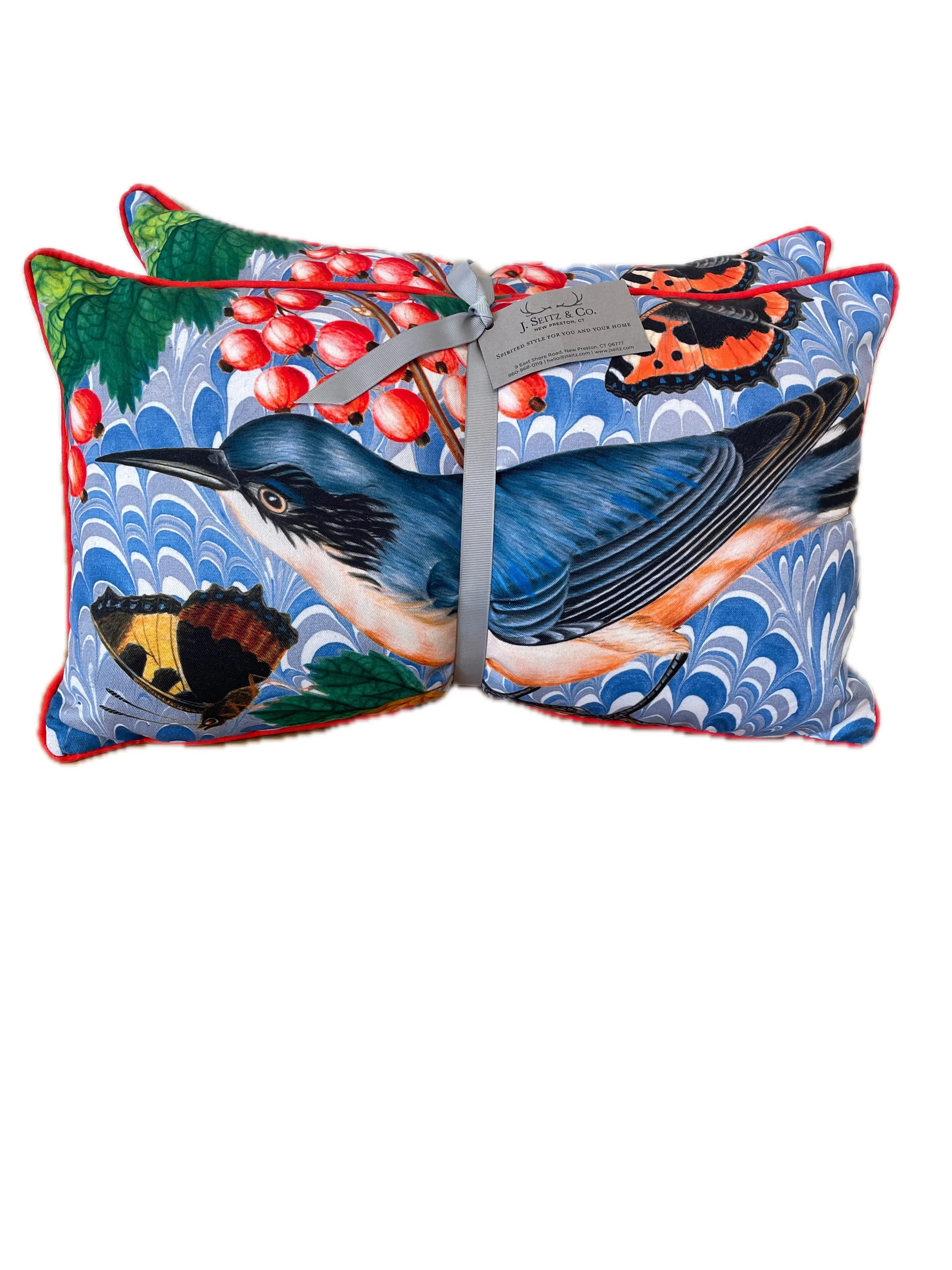 Designer outdoor pillows by Thomas Paul from J Seitz. These 12" x 20" signature “Flora & Fauna” pattern,  are ideal for lounging or anywhere you’d like a little extra color