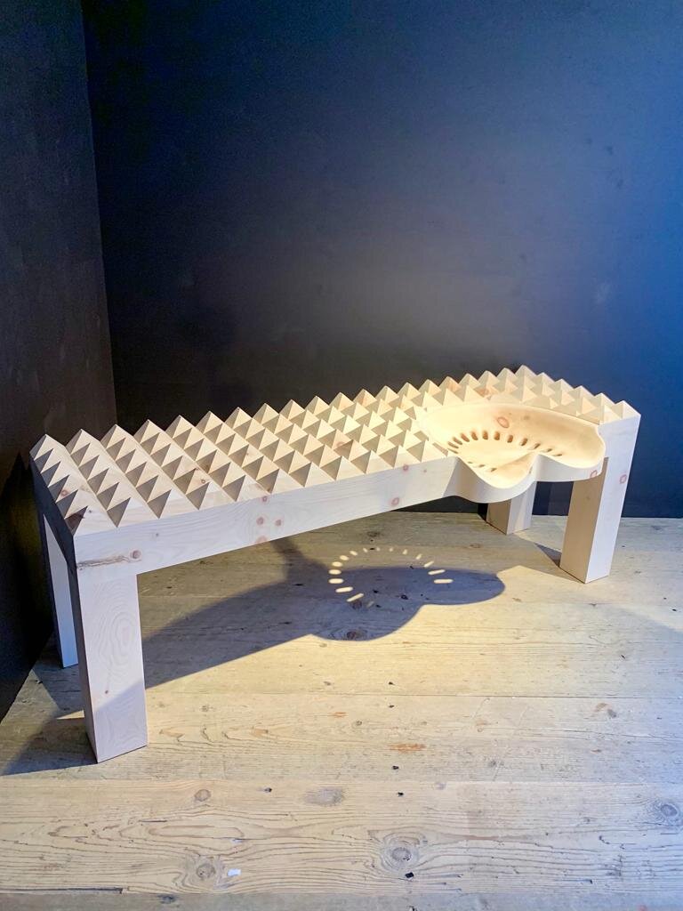 The "Corona Museum Bench with traktor seat" - one of the most beautiful things I have seen lately. By DALINI, drawn by Dan-Felix Paraschiv.
