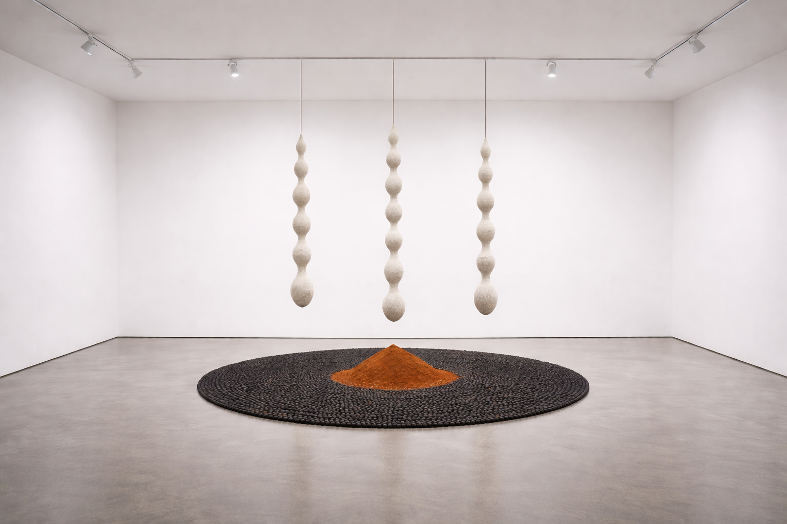 Luma Nascimento, A KiIle, 2026, Glass Beads, Gourd, Clay, Roasted Black Beans, Red Earth, 170cm. Courtesy The Southern Art Hub