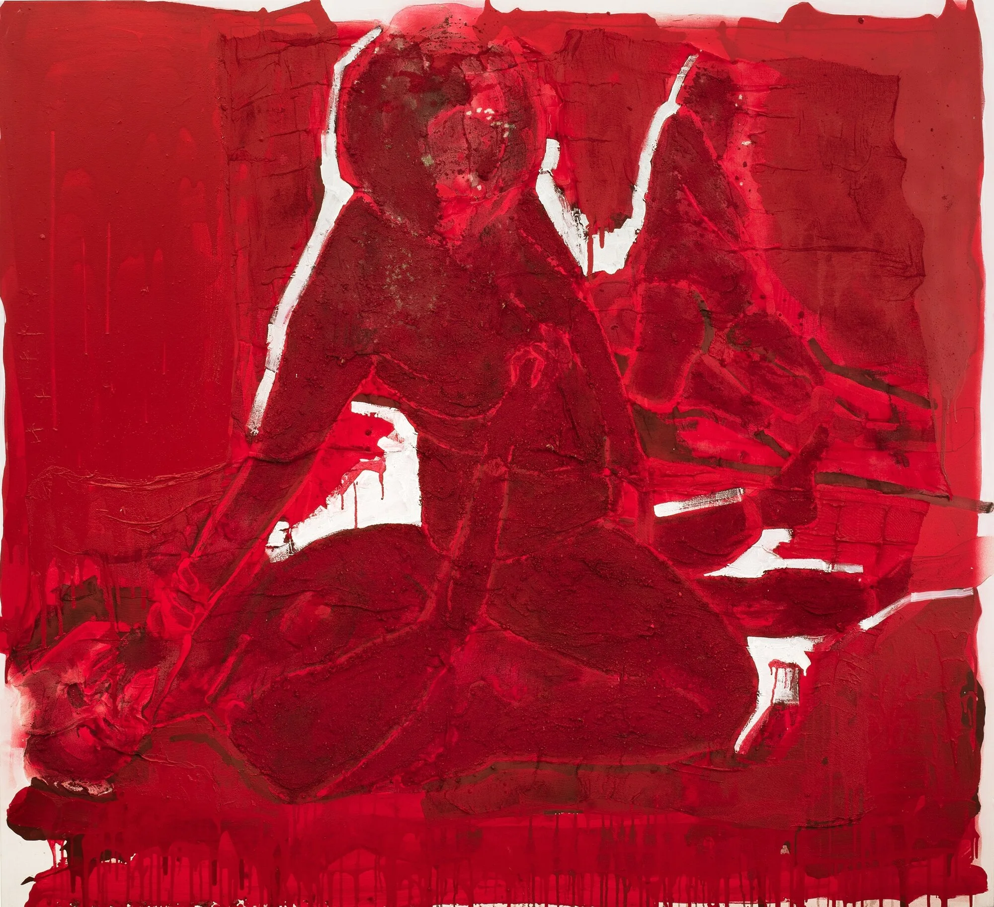 Albana Ejupi, I love to love you, 2020, combined techniques on canvas
(acrylic, spray, sand, textile), 190 x 210 cm