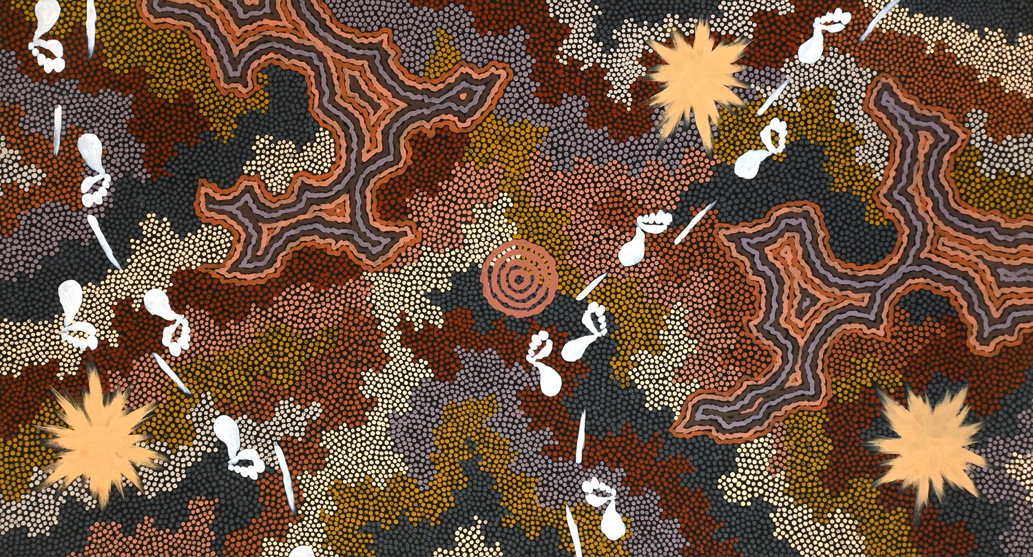 Clifford Possum Tjapaltjarri, Napperby, 1996, acrylic on linen, 815 x 1520mm. Courtesy Knight Fine Art