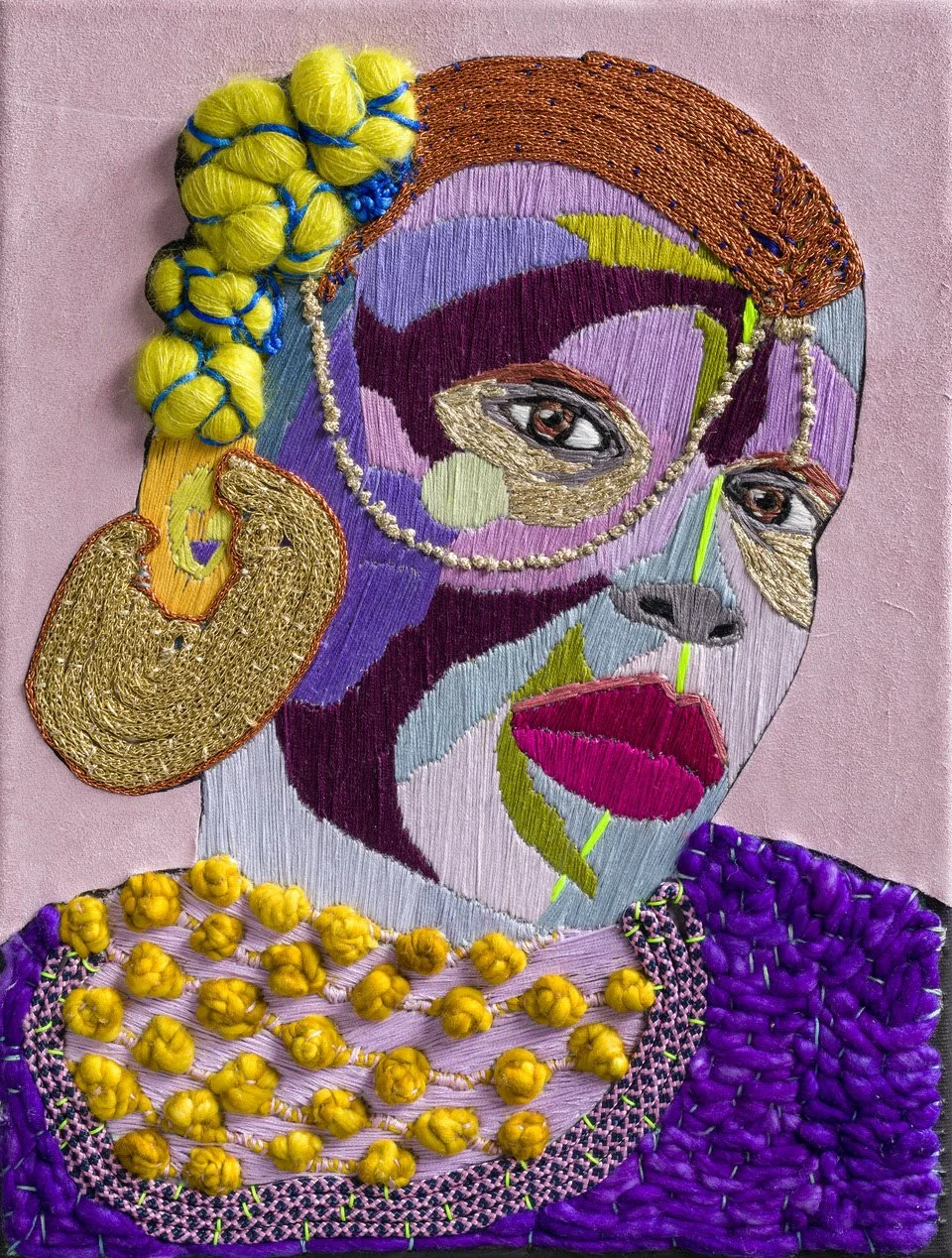 Preta Wolzak, People with the Yellow Ear #11, 2021, Hand embroidery and leather, 15.7 x 11.8" / 40 x 30 cm