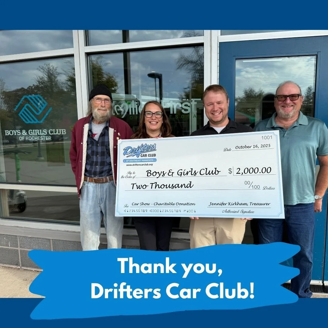 Thank you to Drifters Car Club  for choosing Boys &amp; Girls Club of Rochester as a beneficiary of your 55th Annual Cruisin&rsquo; for Cash! 🚘💙 Your generosity helps local kids learn, grow, and reach their full potential!