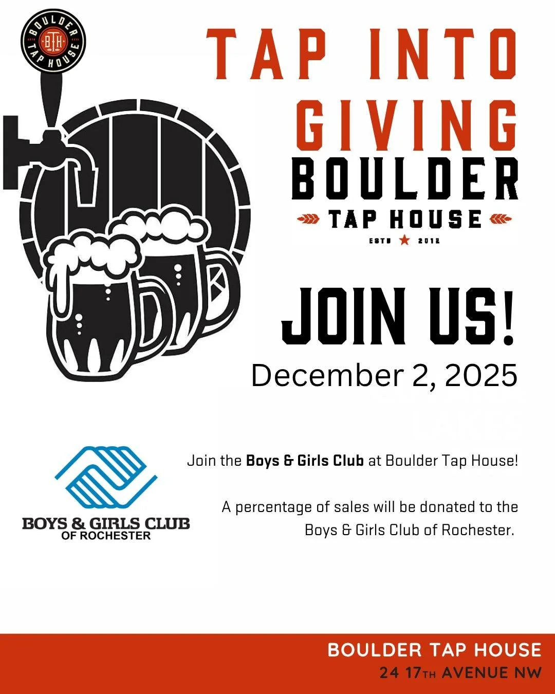 Consider joining us tonight, on Giving Tuesday, for Tap into Giving at Boulder Tap House-Rochester. A percentage of sales from every sale tonight will come back to Club, supporting youth right here in Rochester!