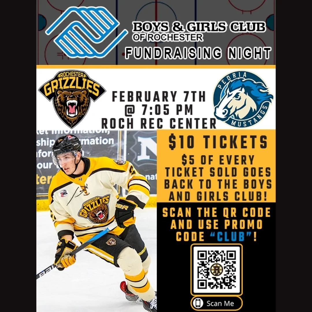 🏒 One Week Away! 🏒

The countdown is on! In just one week, cheer on the Rochester Grizzlies as they face the Peoria Mustangs on Friday, February 7 at 7:05 PM at the Rochester Rec Center.

The best part? Half of every ticket sold using our QR code a