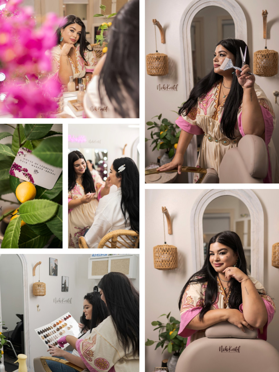 A woman with long dark hair, wearing a beige and pink embroidered dress, preparing for a bridal makeup session at a beauty salon. She is seen in different poses, with various salon decorations and a makeup palette.