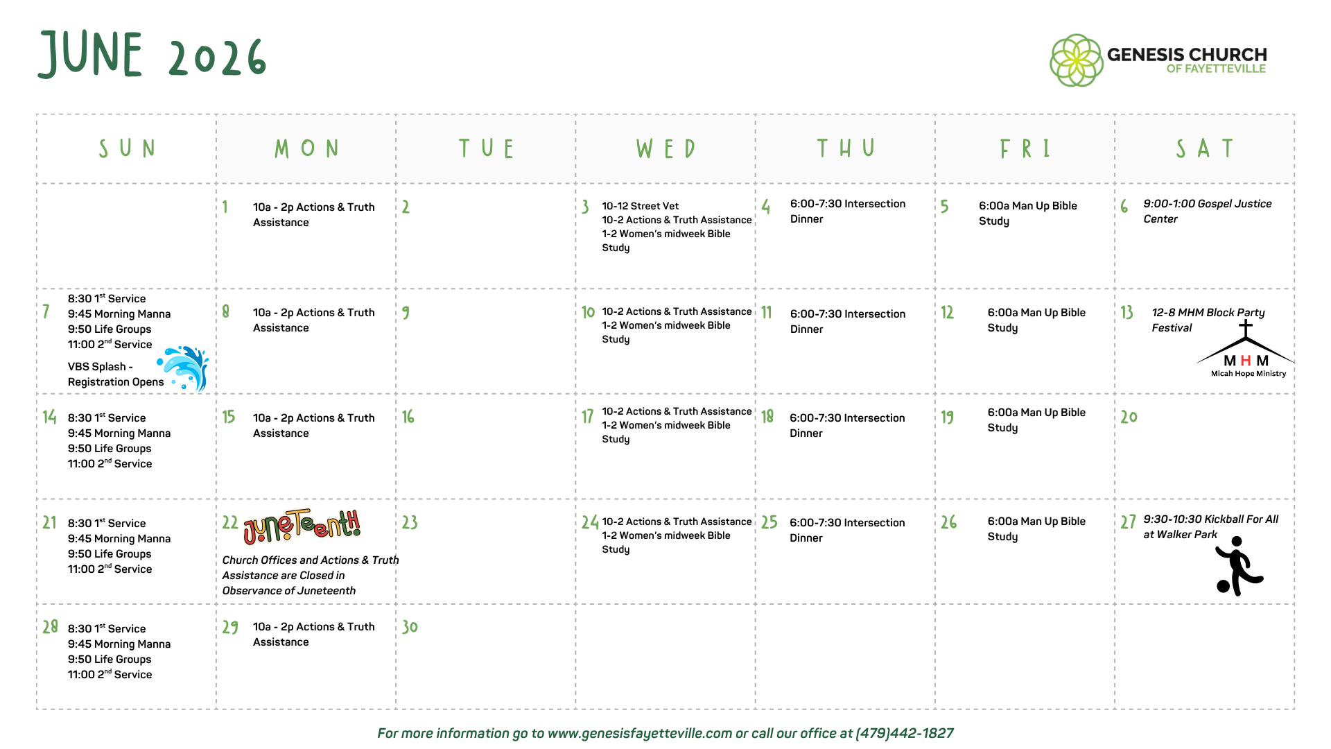 June 2026 calendar for Genesis Church of Fayetteville, with scheduled events including services, Bible studies, and community activities. The calendar includes notes about observances like Juneteenth, and features logos, icons, and colorful text.