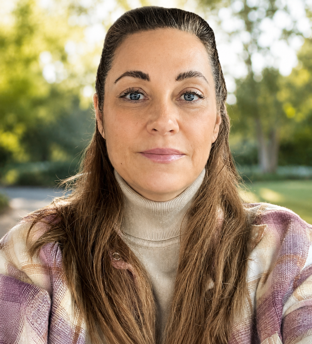 A woman with long brown hair and blue eyes, wearing a cream turtleneck and a plaid jacket, outdoors on a sunny day with green trees in the background.