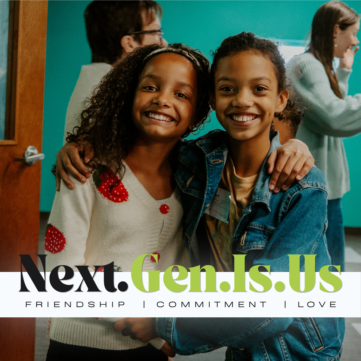 Logo for a Ministry called Next Gen Is Us with the tagline 'Know-Talk-Walk-Serve-Invite' and a design of curved green lines on a white background.