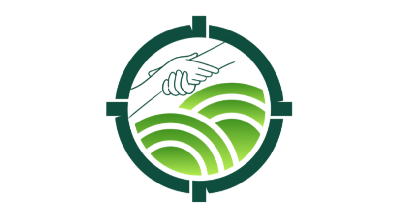 Pick Me Up program logo featuring a hand pulling up another hand, with a background of stylized green hills, enclosed in a circle symbol.
