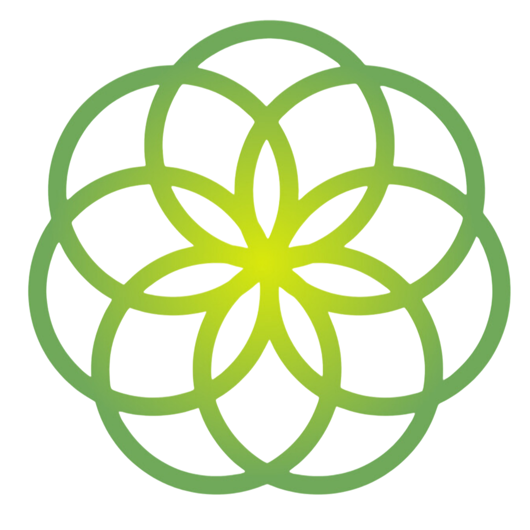 A symmetrical geometric design consisting of interlocking circles with gradient shades of green.