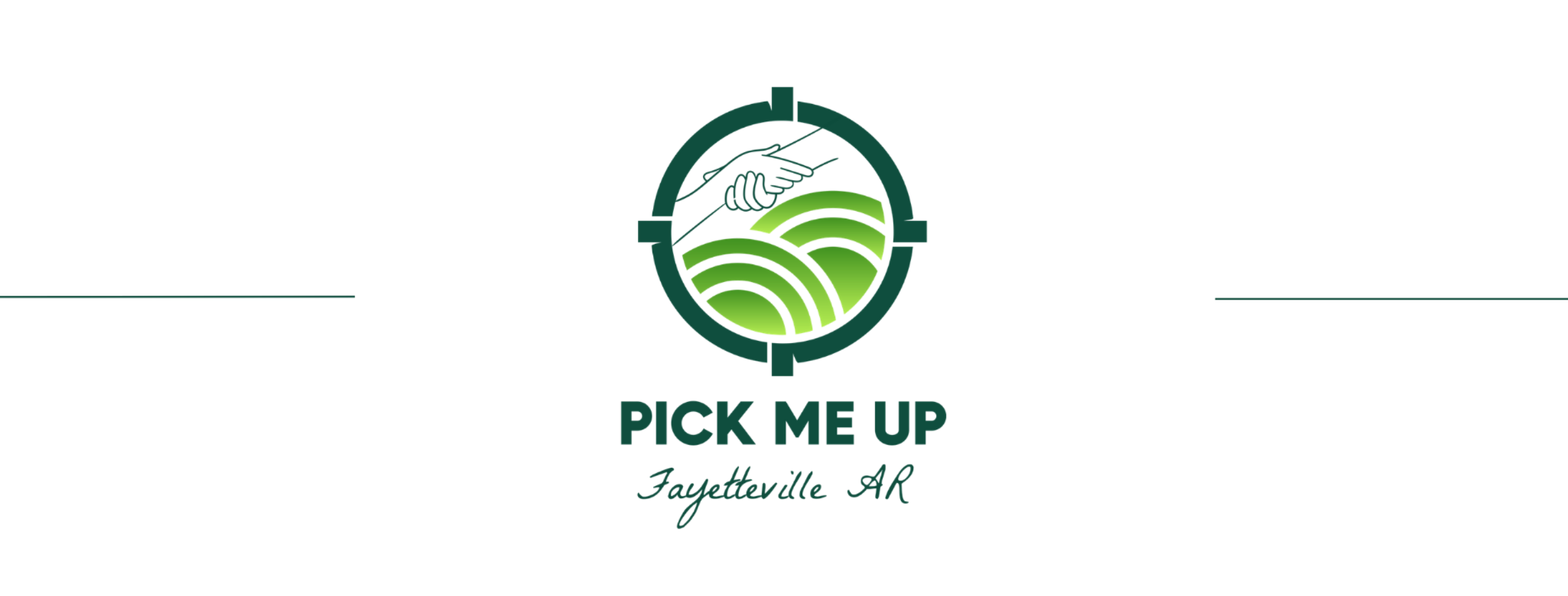Logo for Fayetteville AR pickup service, featuring a magnifying glass, a hand holding a phone, and stylized green waves.
