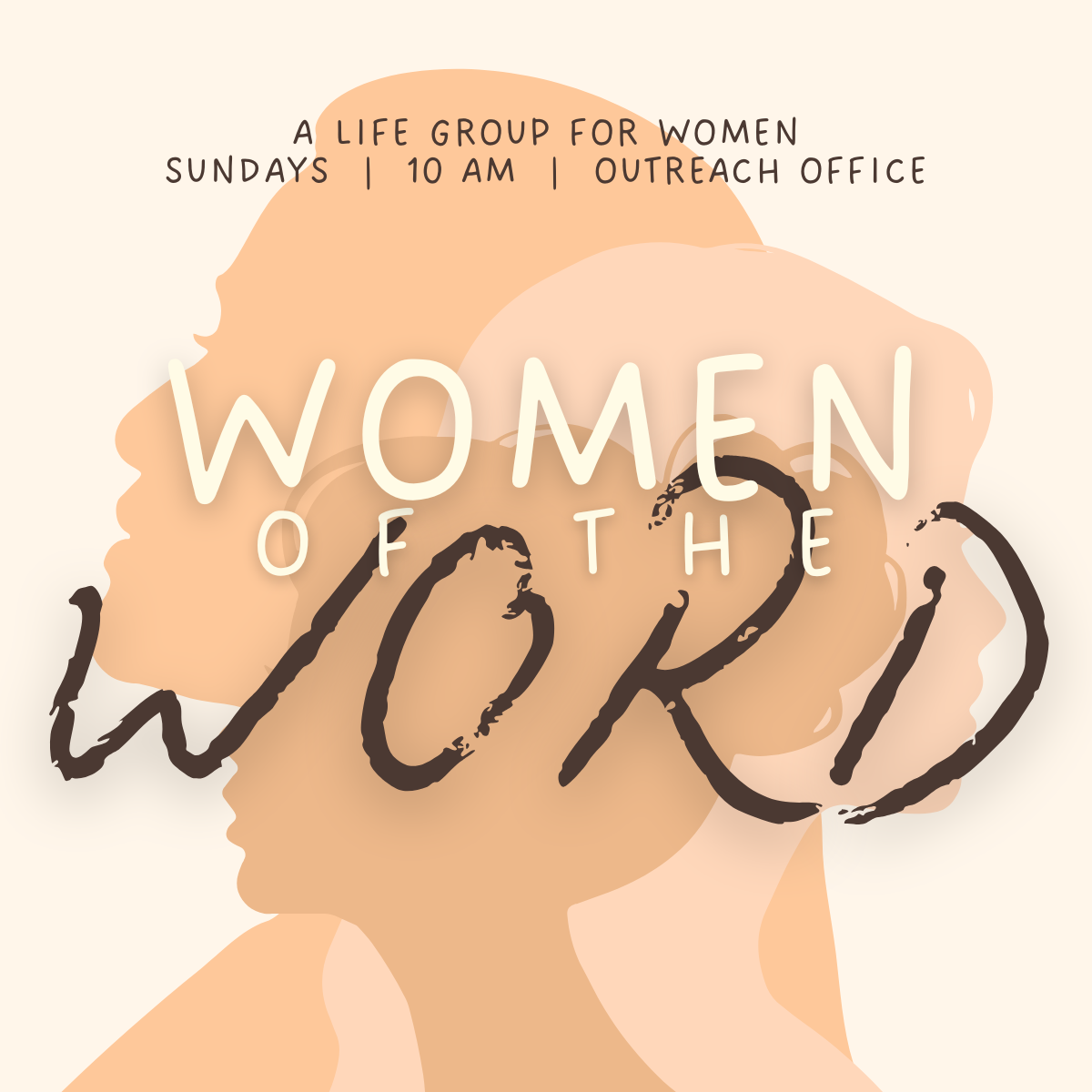Open book being held with text overlay promoting Women's of the Word event, happening from 9:50 to 10:50, located in the Outreach Office.
