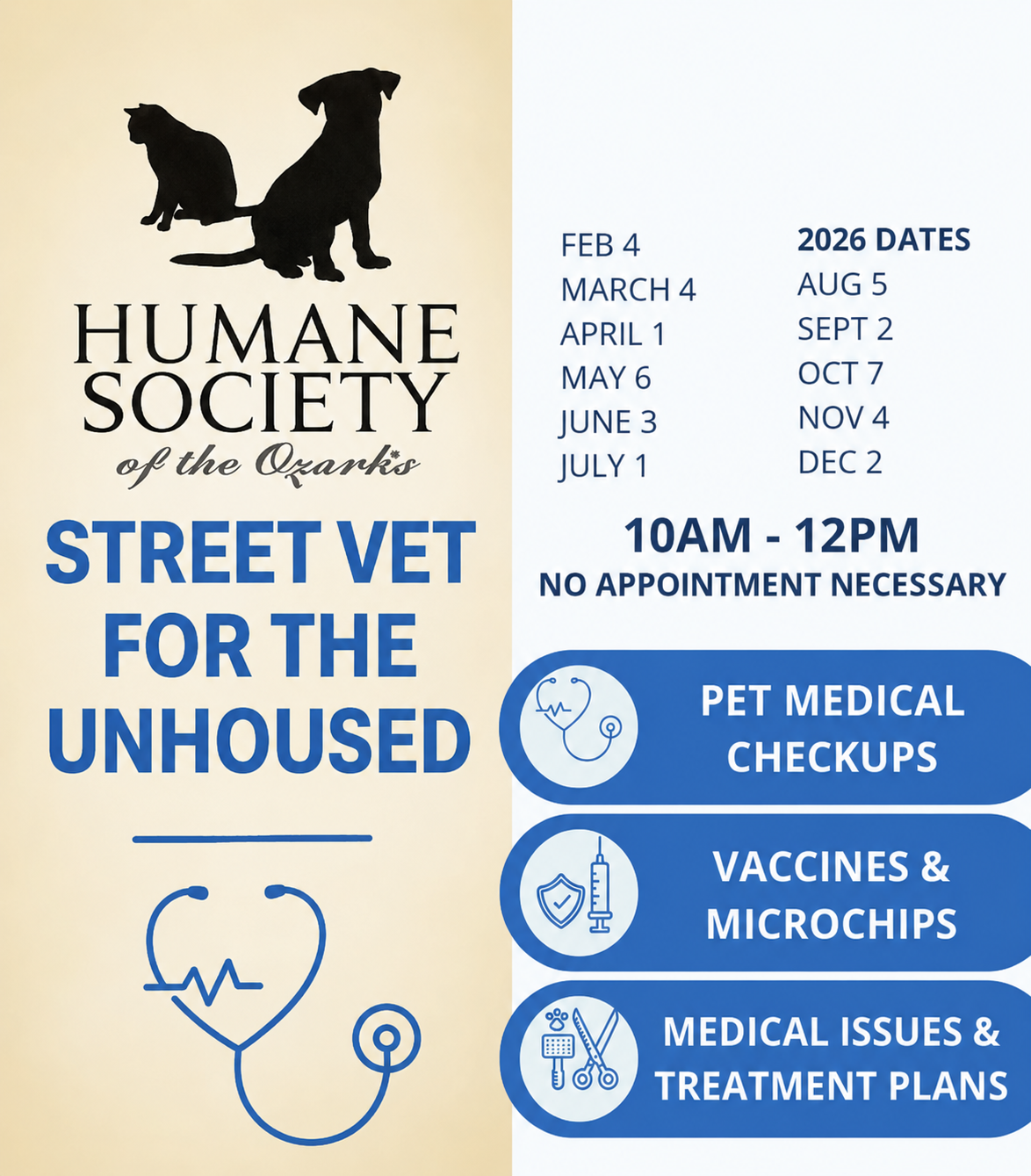 Flyer for Humane Society of the Ozarks offering free pet medical checkups for unhomed animals on designated dates in 2026, with details about appointment times and services like vaccinations, microchips, and medical treatment plans.