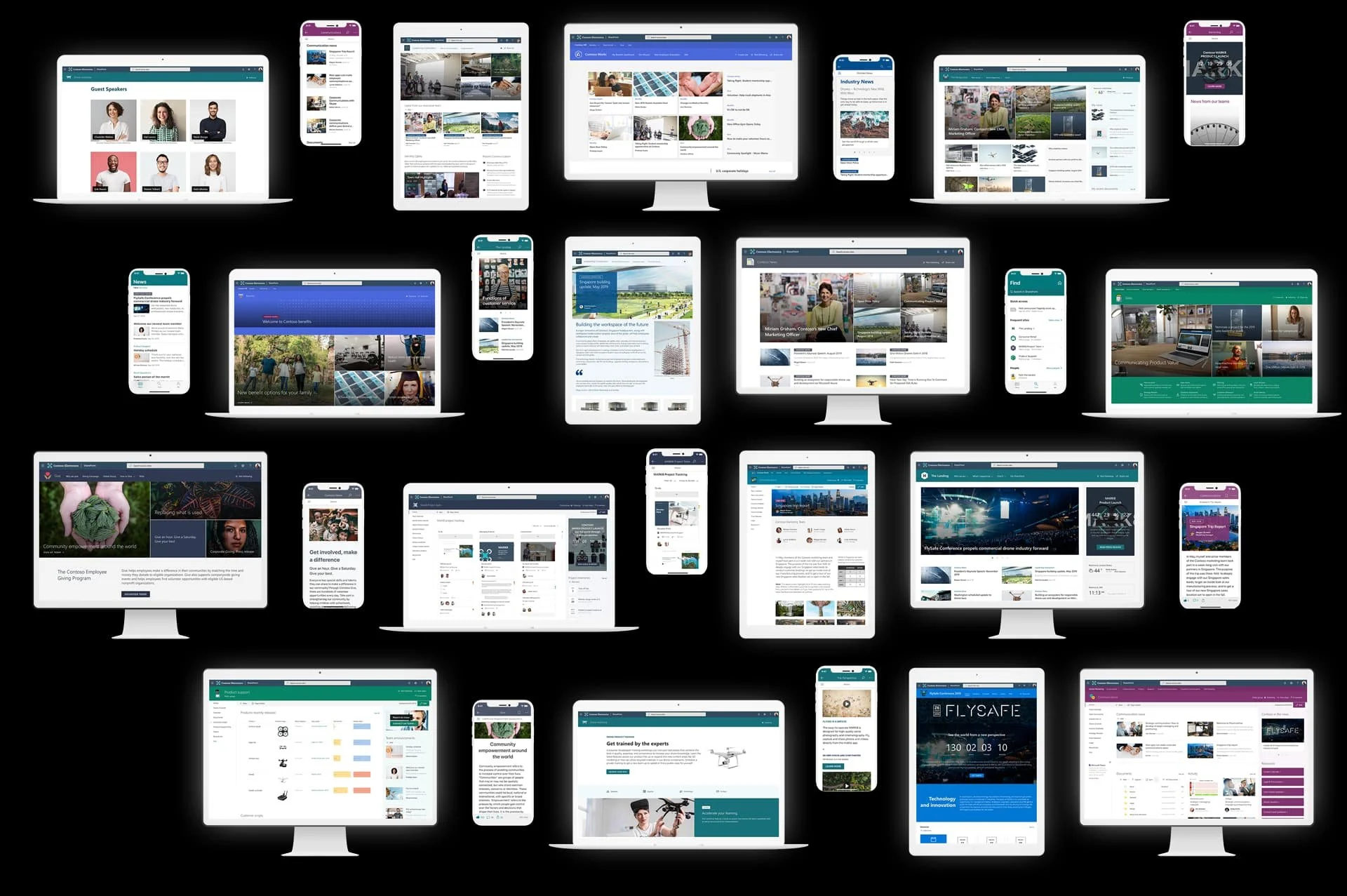 Examples of a Microsoft 365 SharePoint news site, on the screens of and mobile phone.