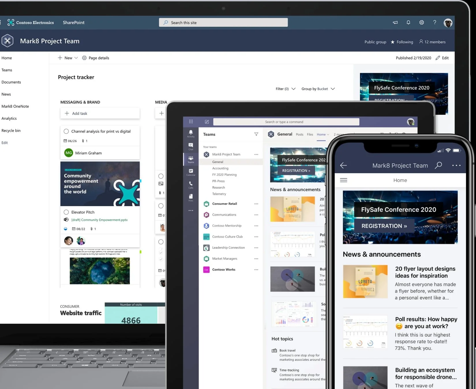 Examples of a Microsoft SharePoint  Teams interfaceteam site, on the screens of a laptop, tablet, and mobile phone.
