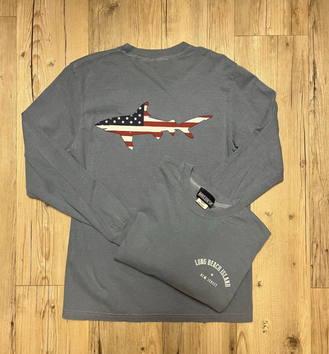LBI | Adult Classic Long Sleeve Tee with Back Flag Shark