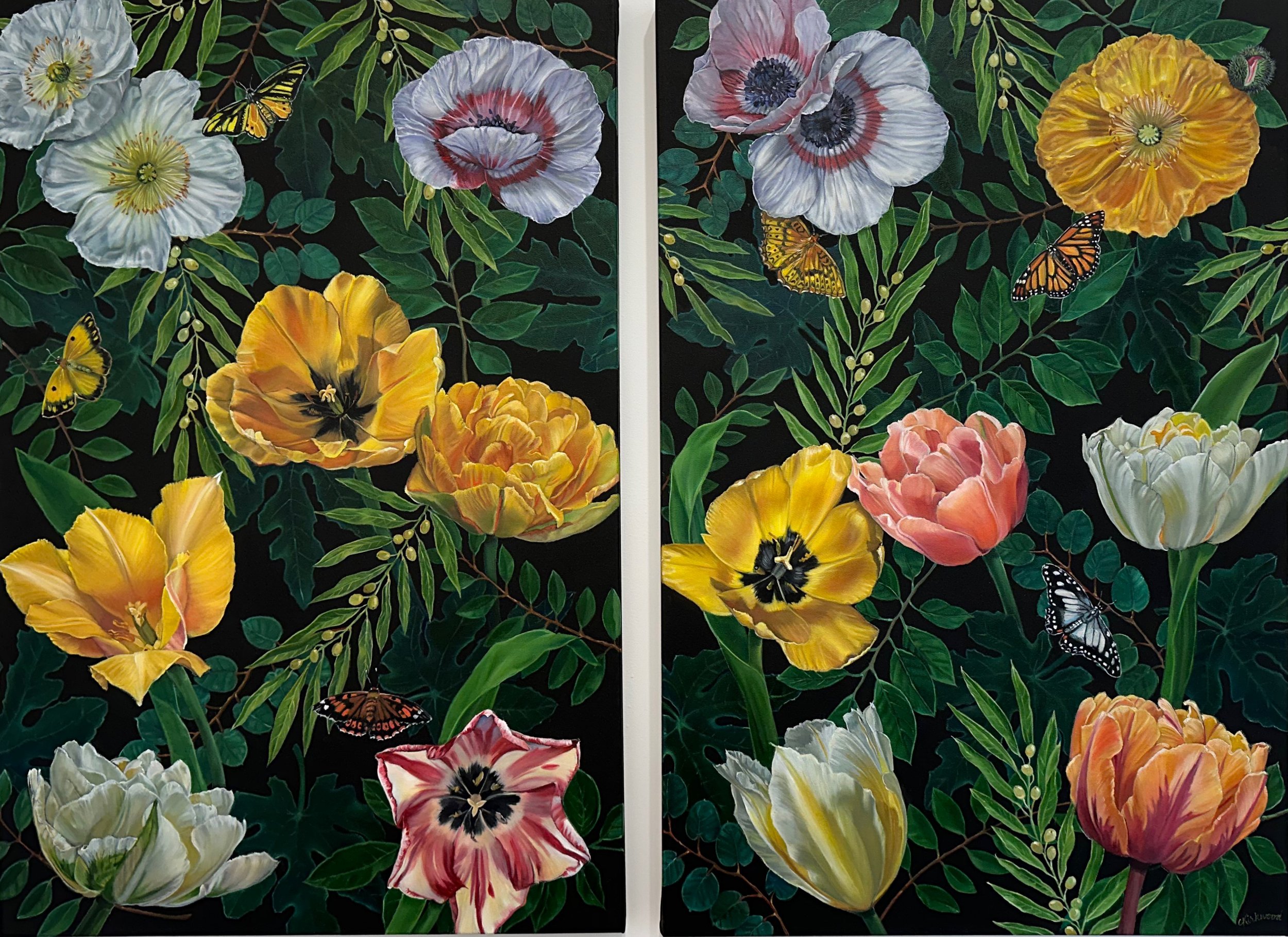 "Spring Garden" acrylic & oil, each panel 24" x 36"
